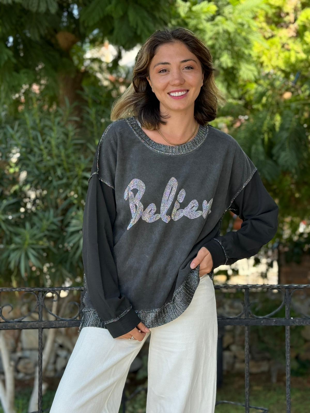 NC58939 İtalyan Believe Taşlı Sweatshirt Siyah