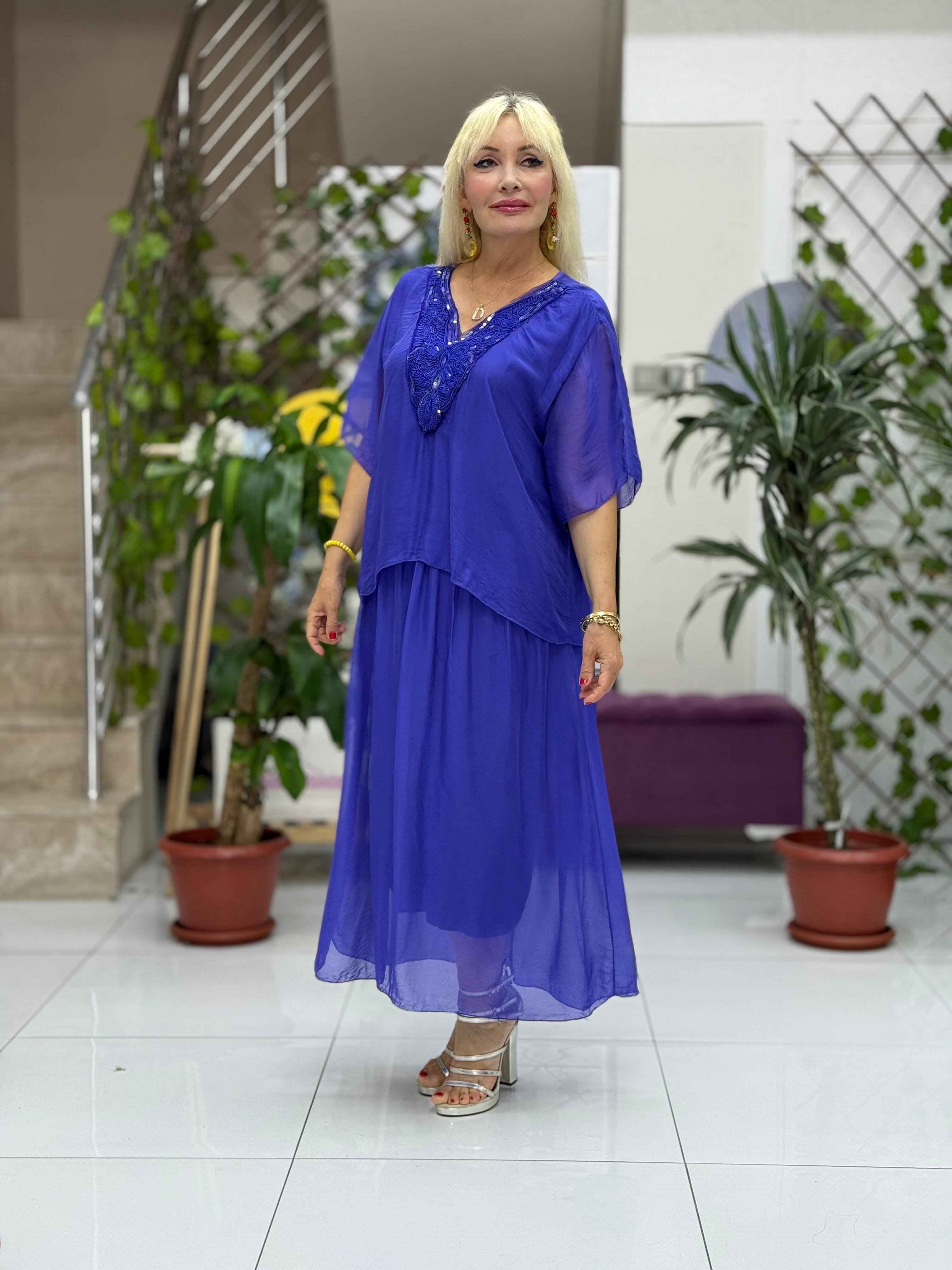 YG5161 İtalyan Yaka Detay İpek Elbise Mor