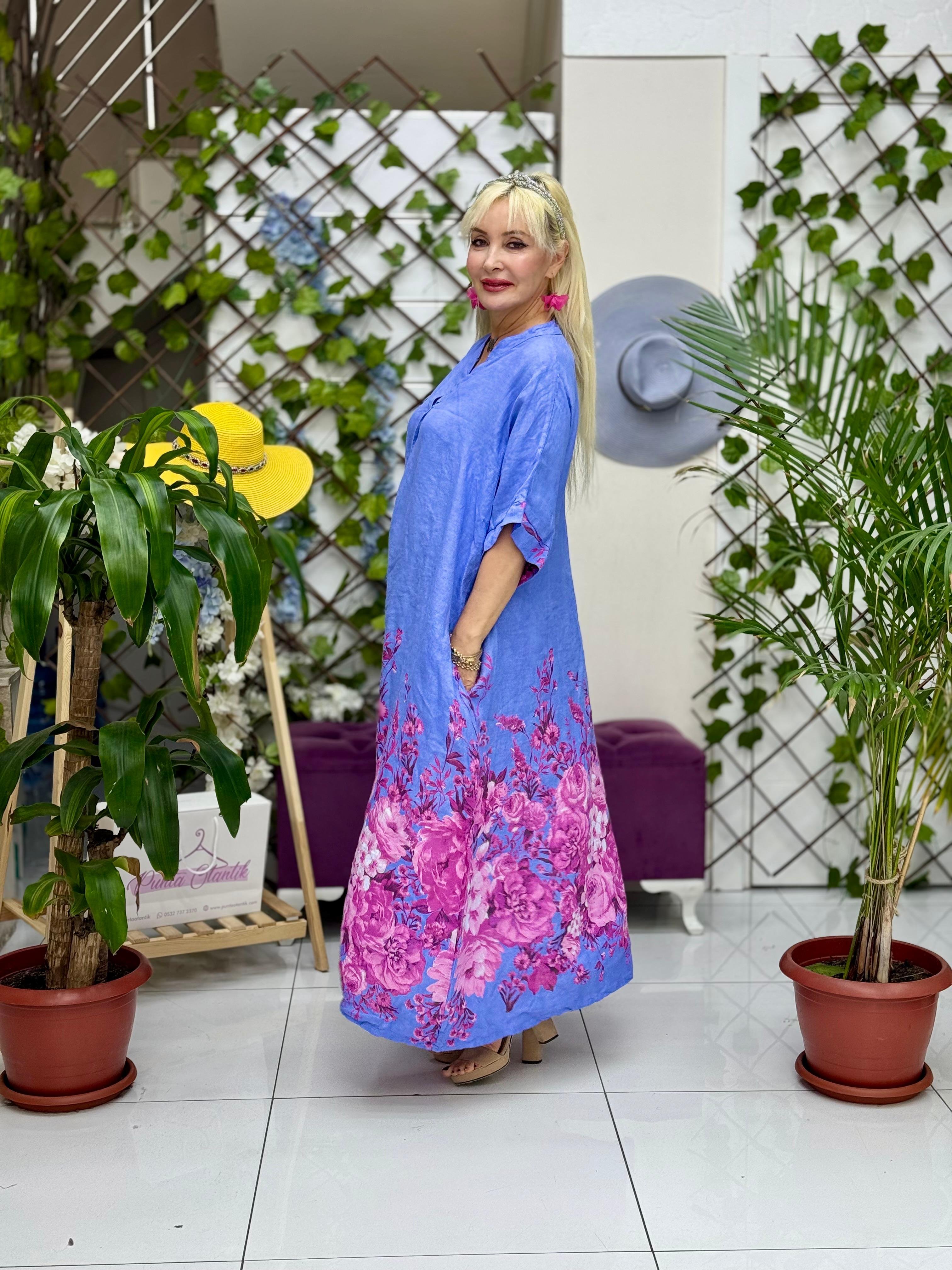 YG205050 İtalyan V Yaka Çiçekli Keten Elbise Mavi