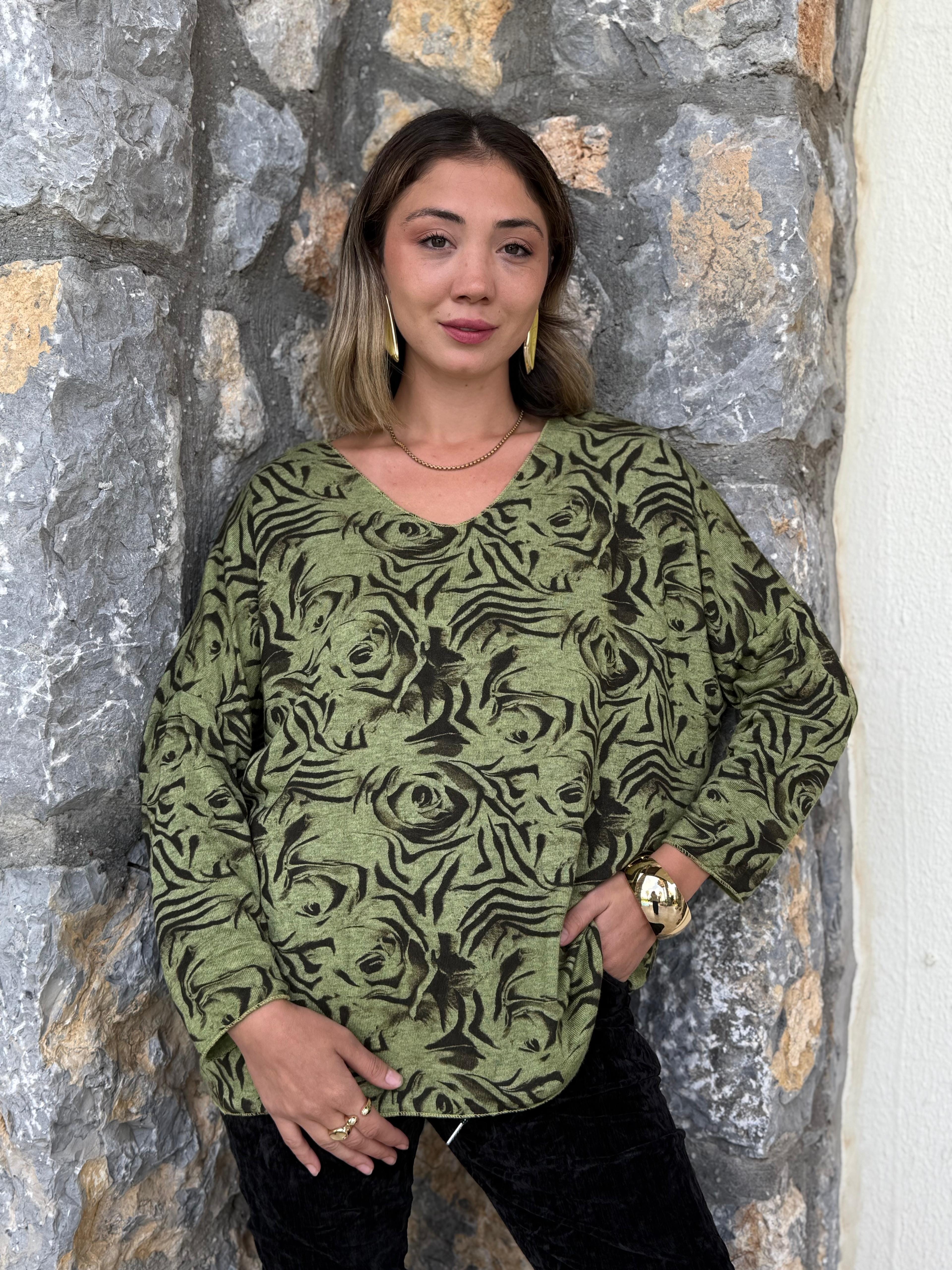 NC1128A İtalyan V Yaka Gül Desenli Triko Bluz Yeşil