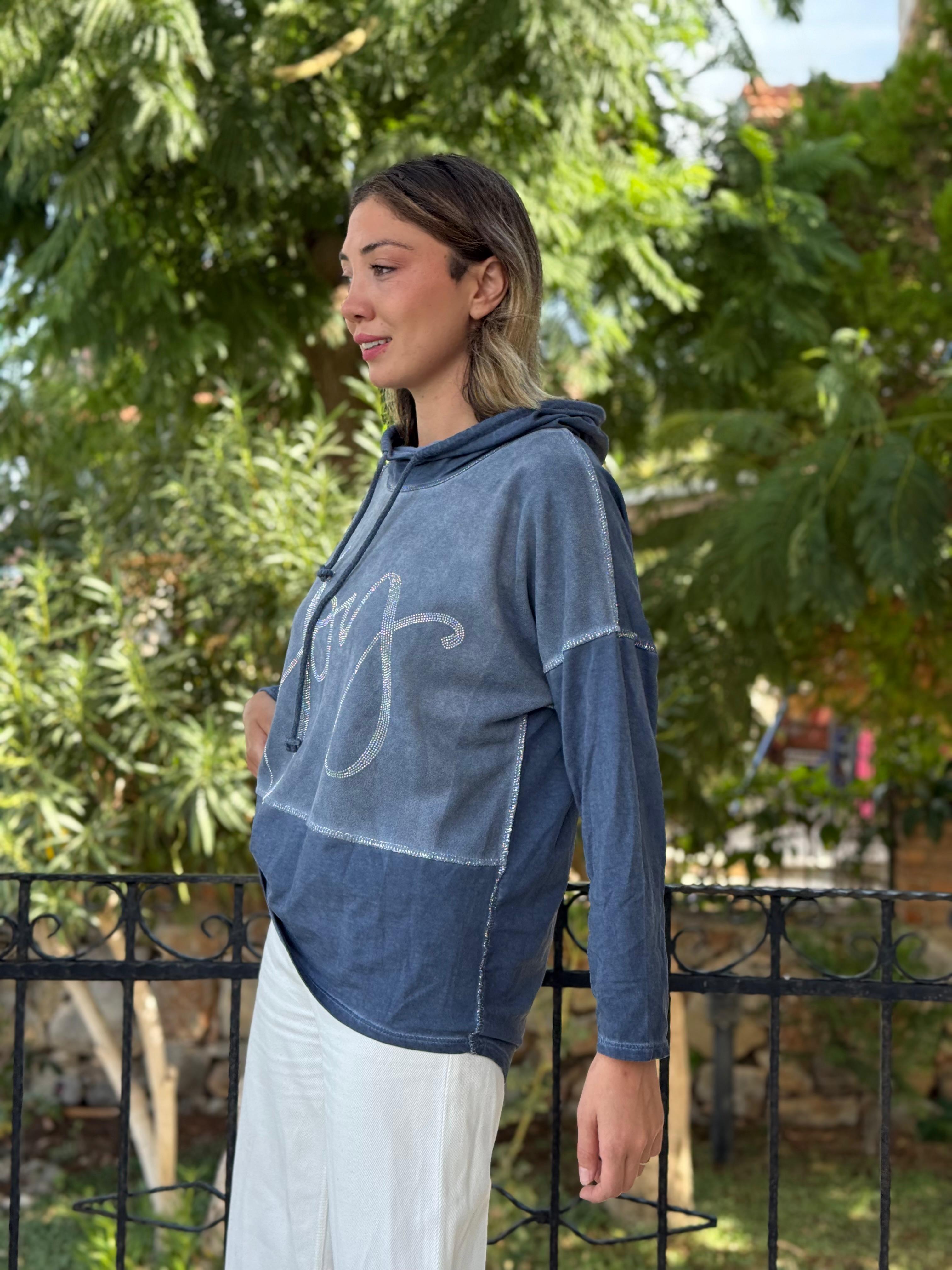 NC18533 İtalyan Joy Taşlı Kapüşonlu Coton Sweatshirt Mavi