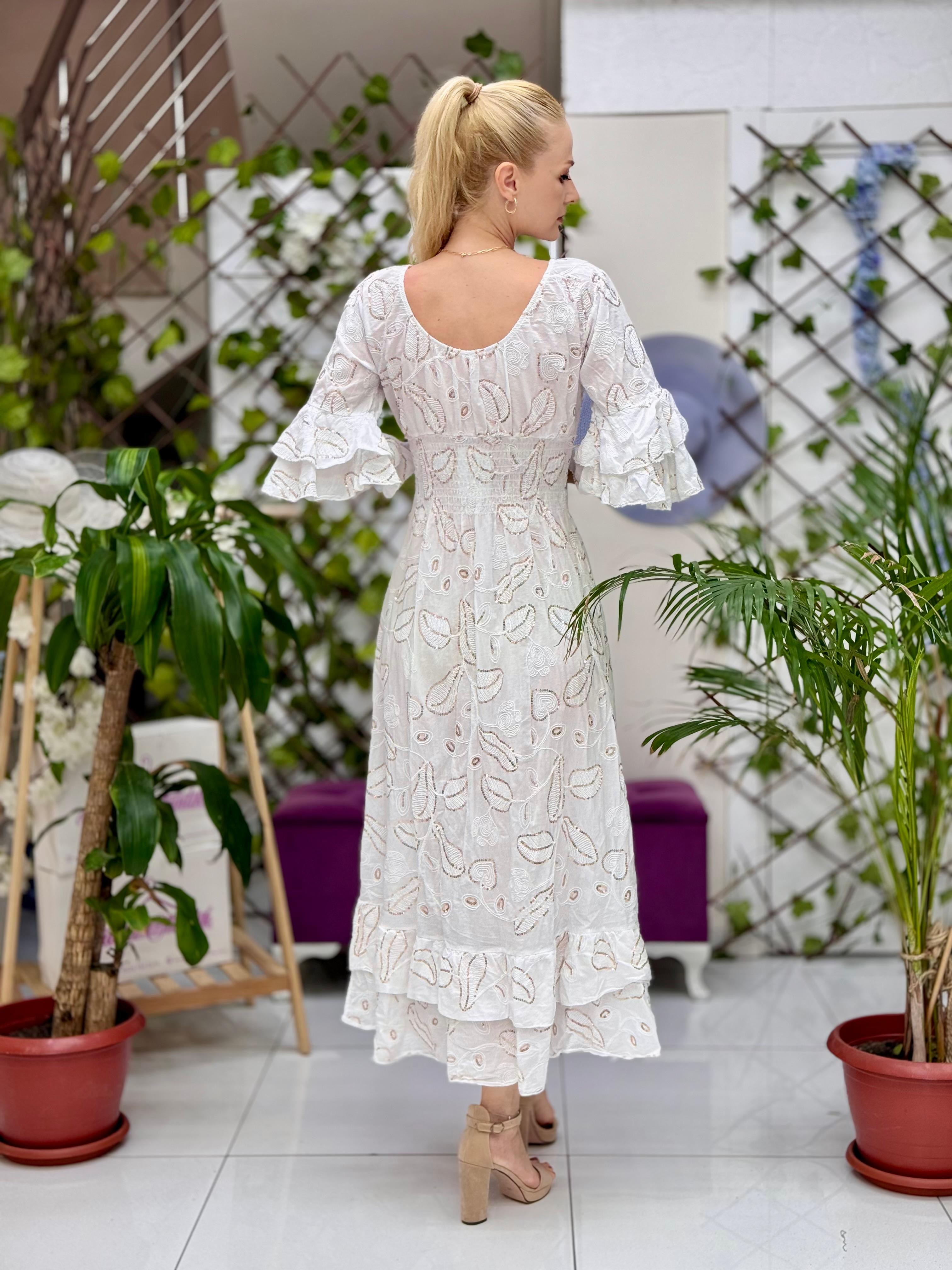 N12071 Vestido Italiano De Algodón Con Cordones Blanco