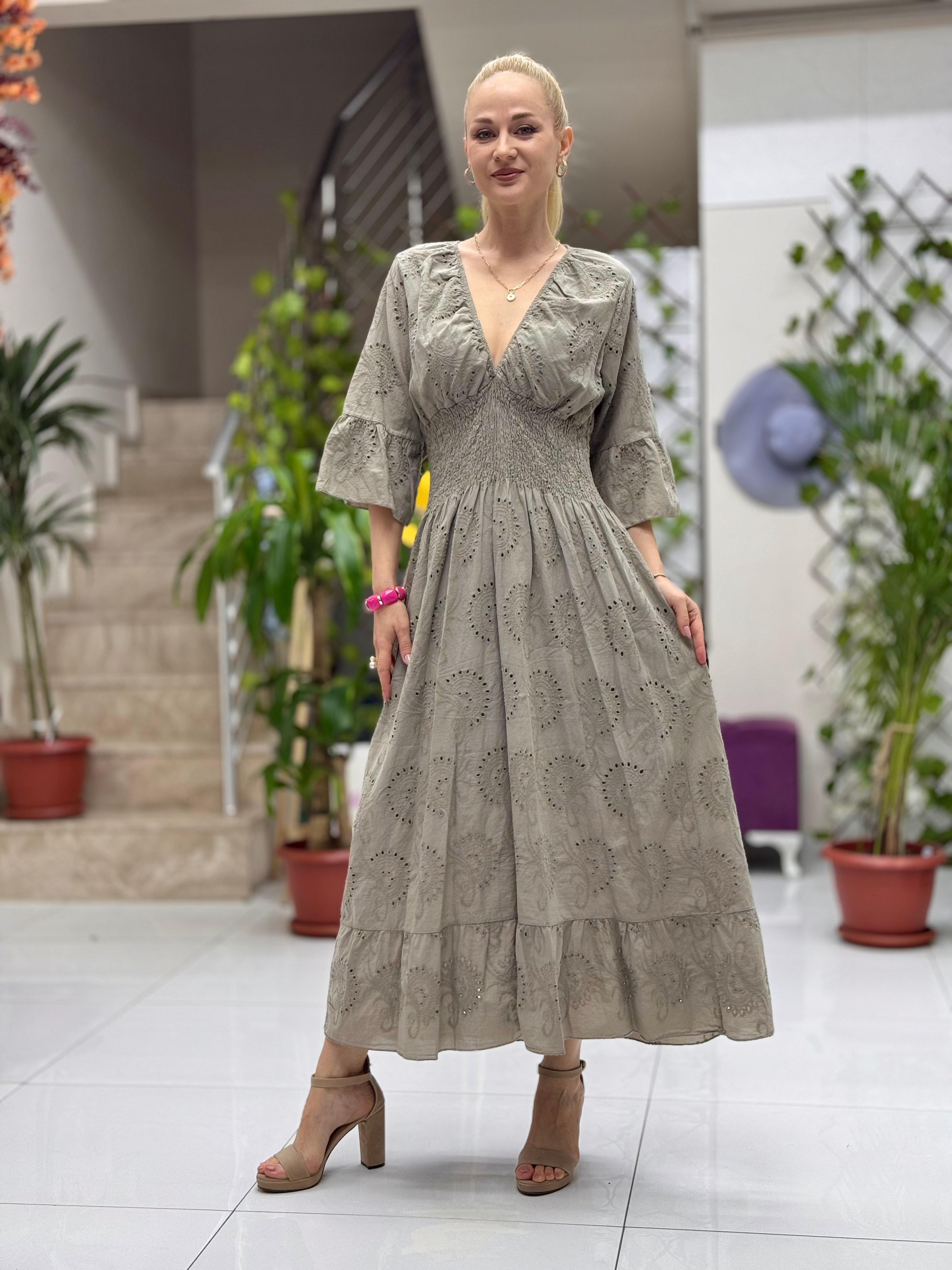 YG2050 İtalyan Brodeli Beli Lastikli Elbise Vizon