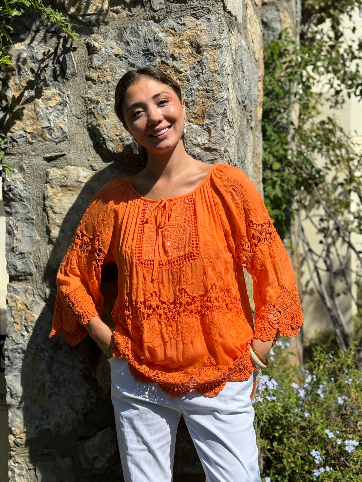 NC20428 İtalyan Klasik İpek Bluz Oranj