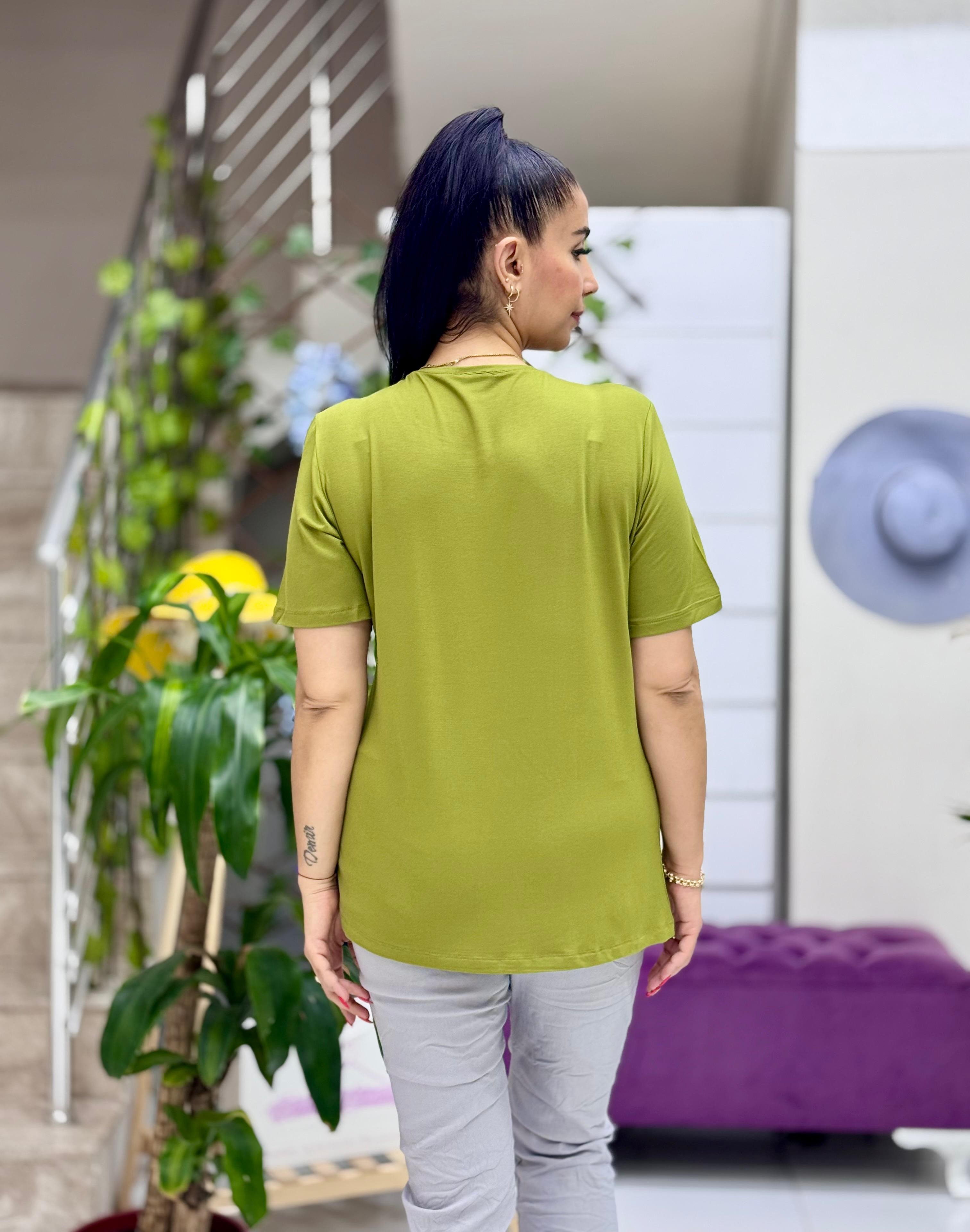 MS4222 Şerit Desenli  Penye Bluz Yeşil