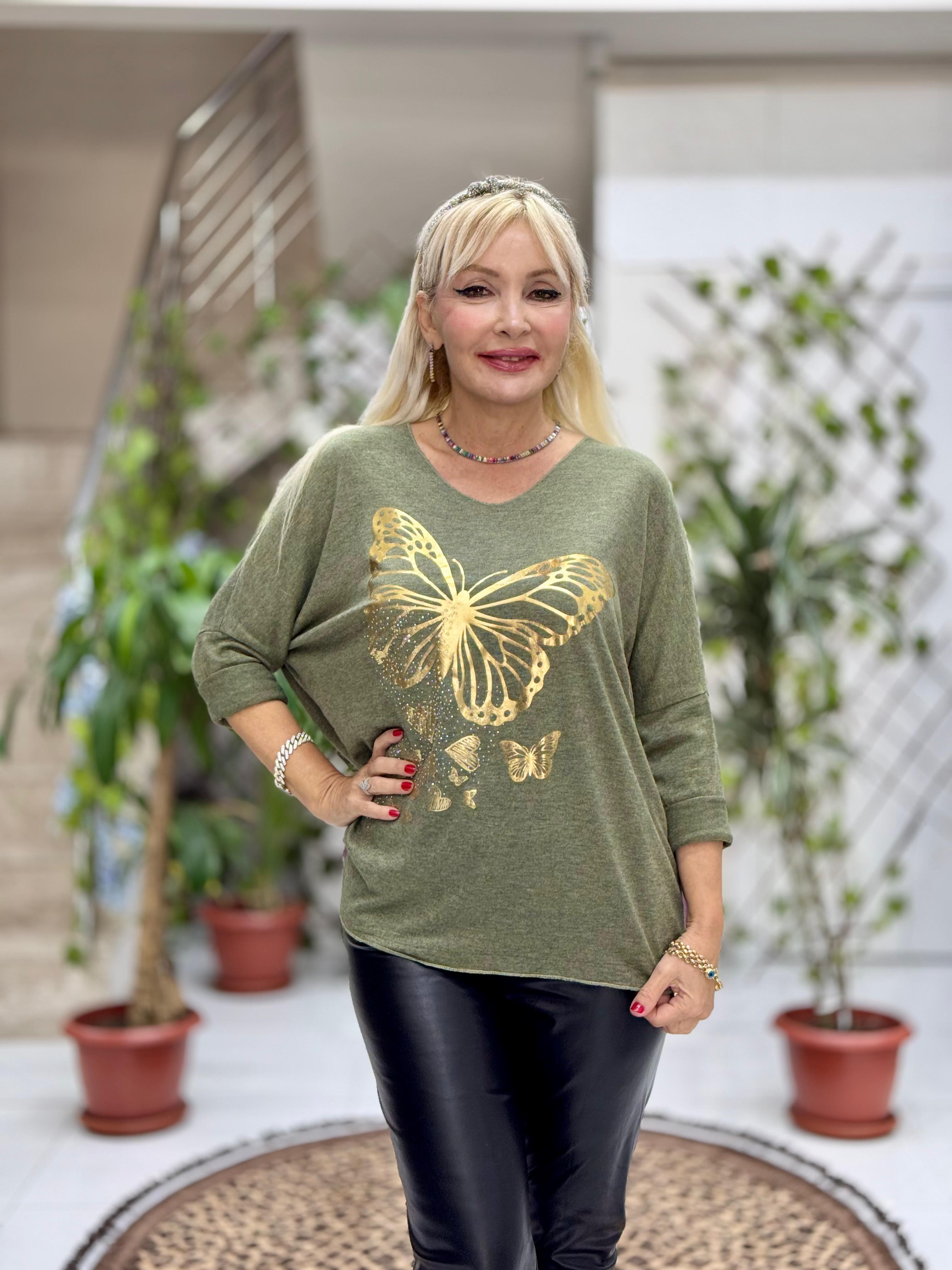 YG59100 İtalyan Taşlı ve Kelebek Baskılı Triko Bluz Haki