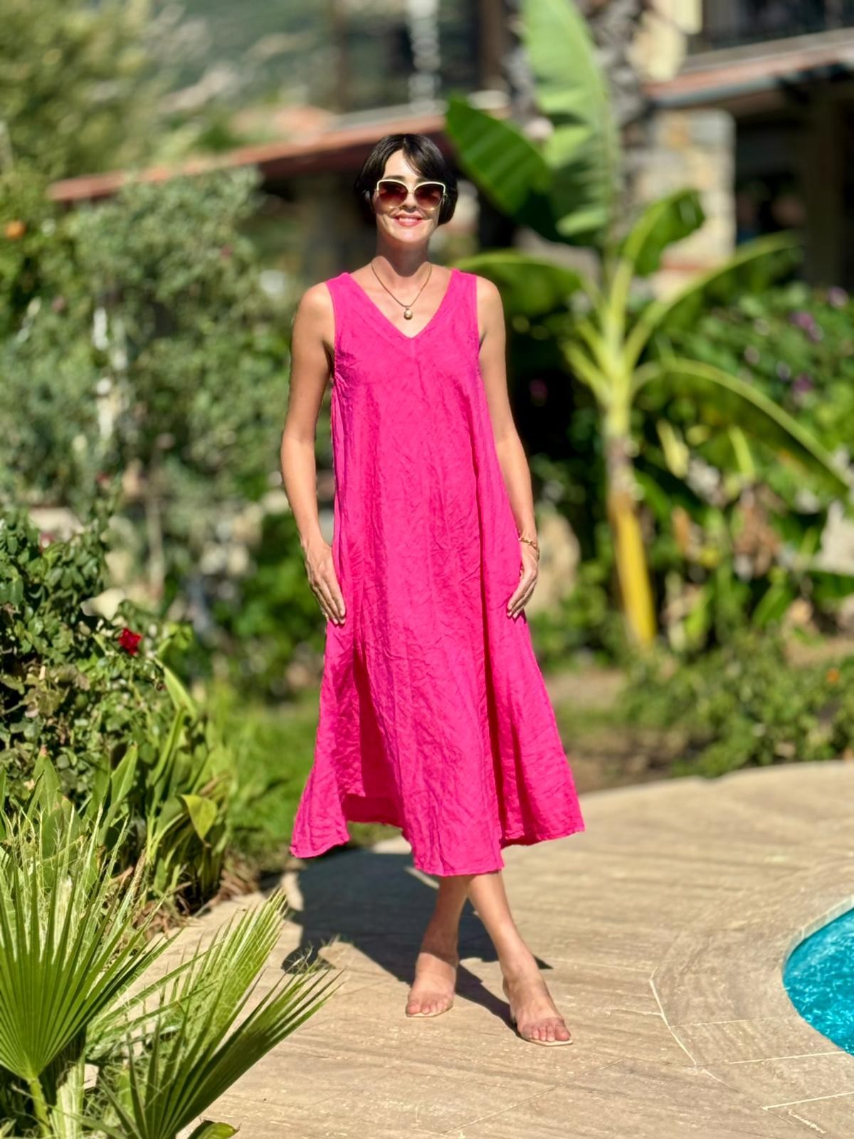NC14916 İtalyan Kolsuz Keten Elbise Pembe