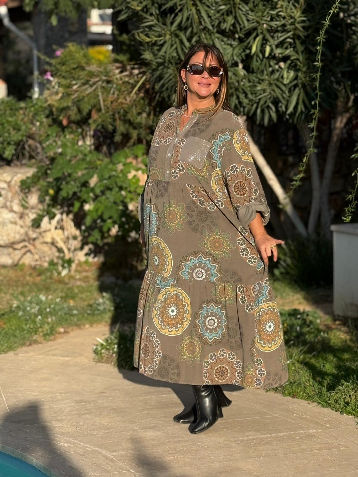 YG12573 Mandala Desen İtalyan Kadife Elbise Haki