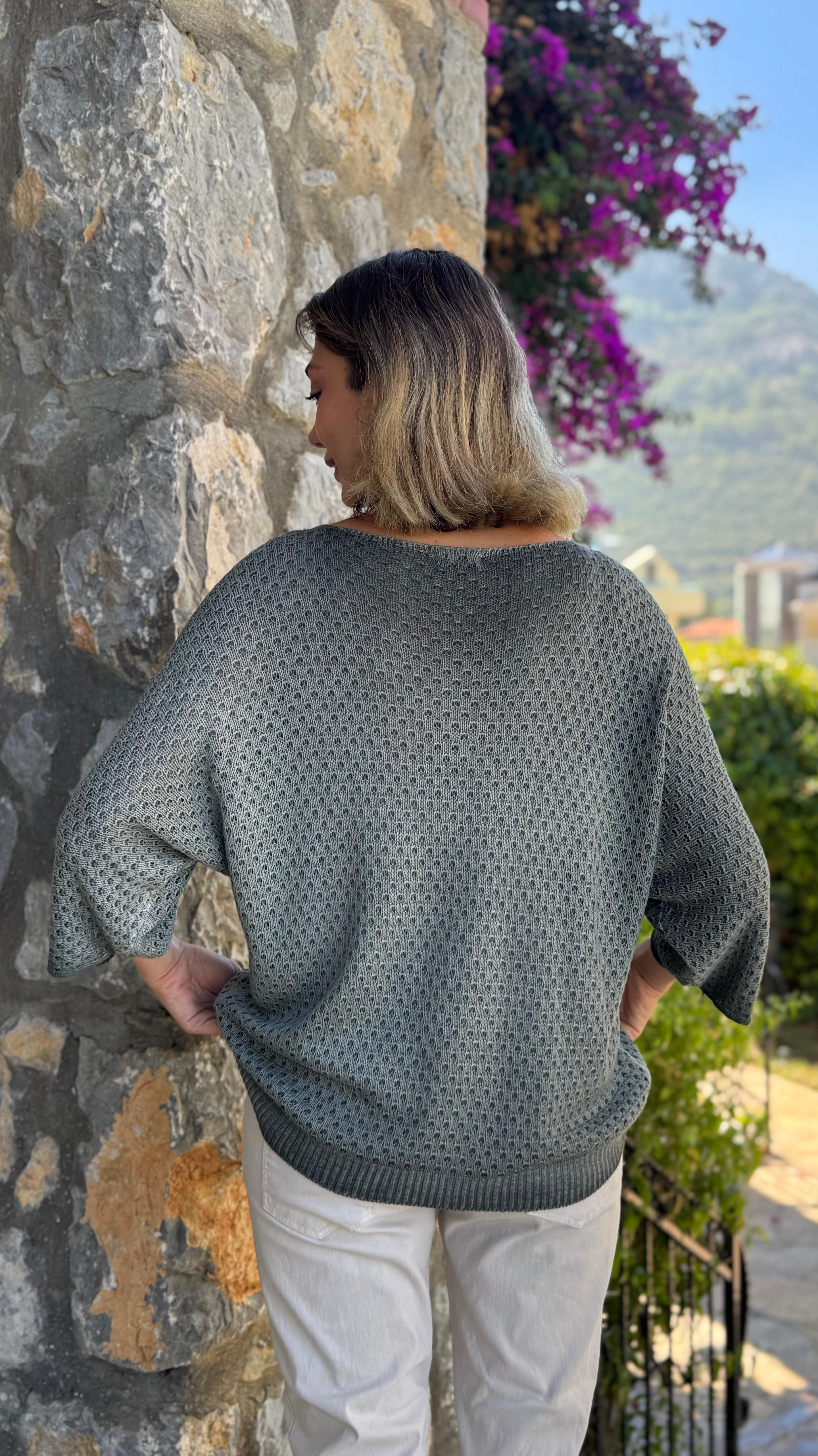 FXLS7514 İtalyan Yaprak Desen Triko Bluz Haki