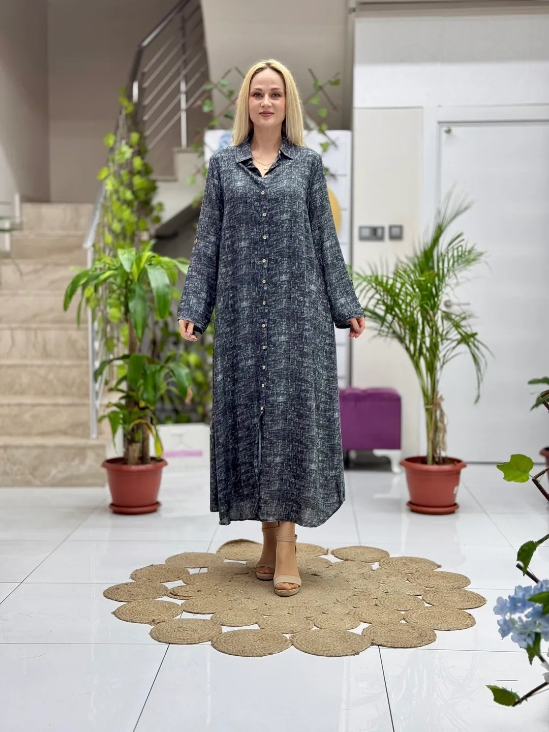 SLN31127 Pamuk Viskon Boydan Düğmeli Uzun Selin Elbise