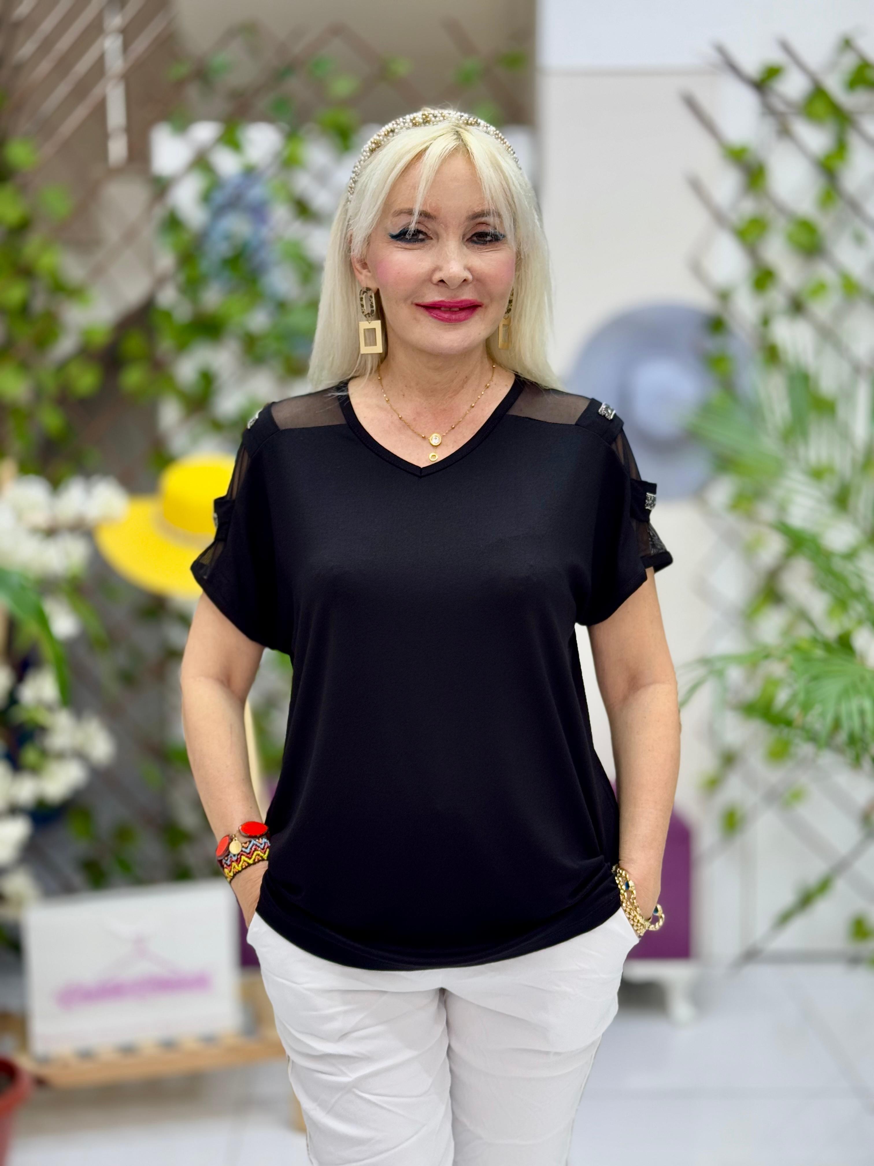 MS1107 Omuz Taşlı Penye Bluz Siyah