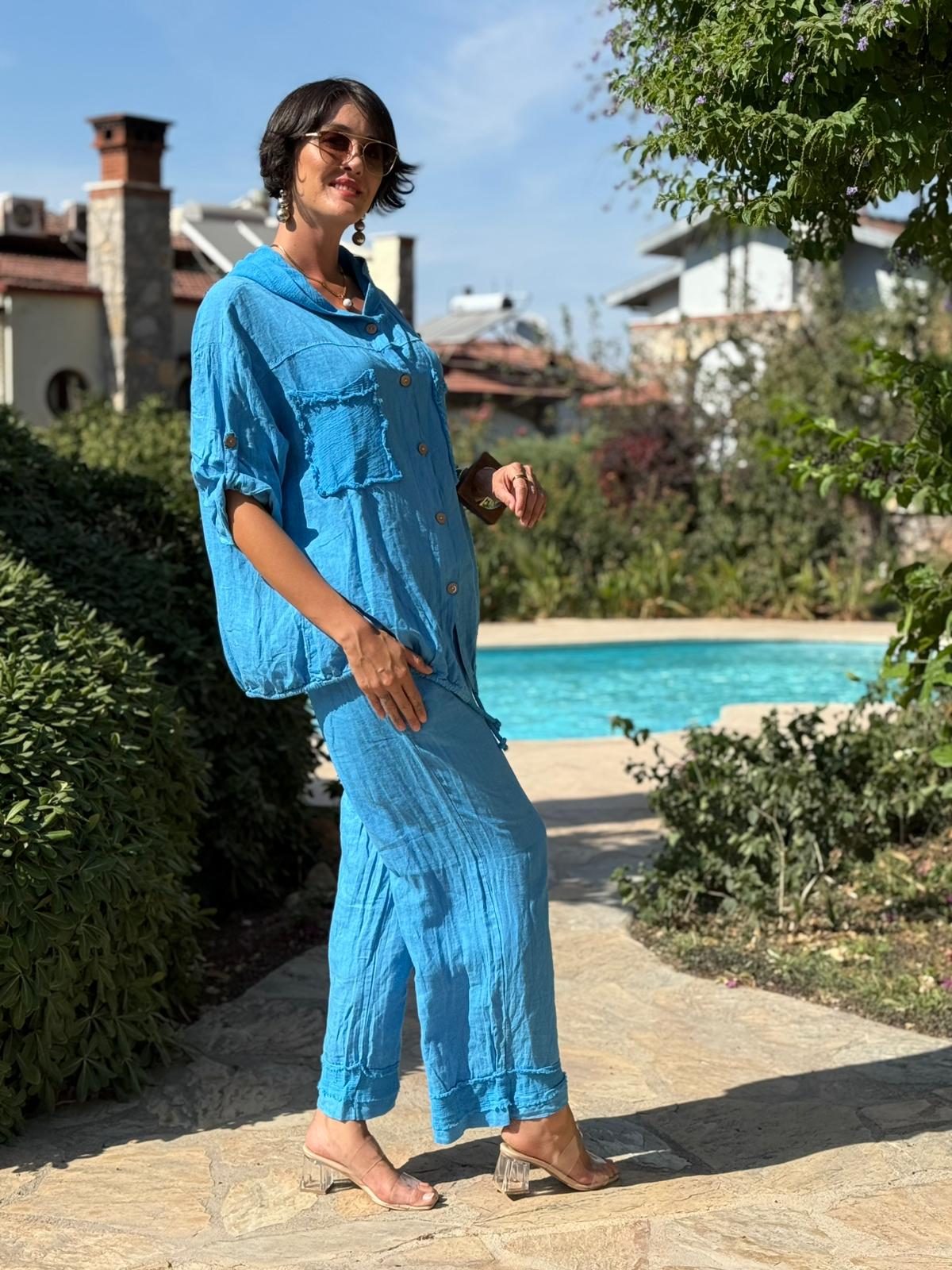 PT2256 İtalyan Önü Cepli Kapüşonlu Keten Takım Mavi