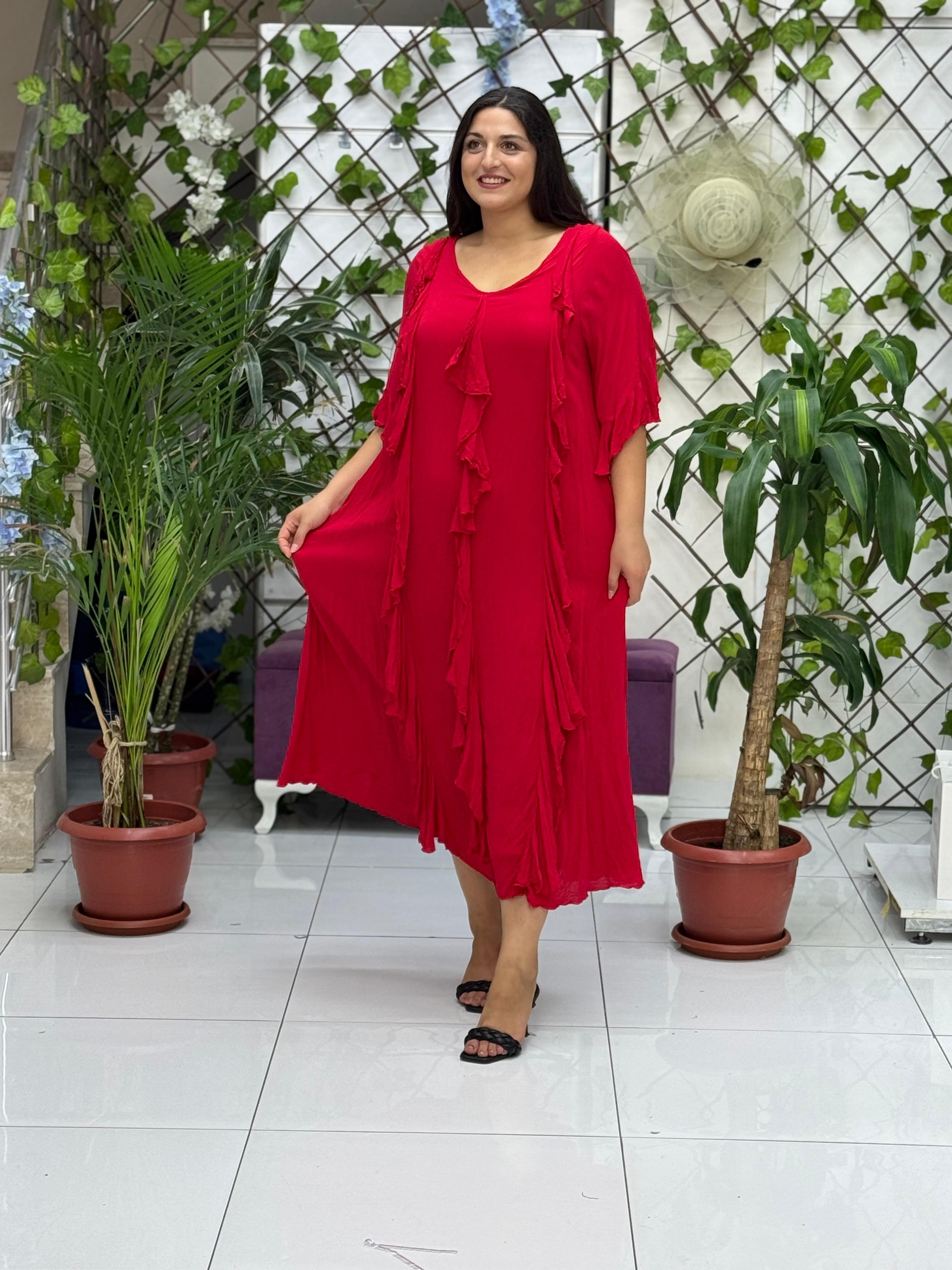 VL3041 Fırfırlı Vual Elbise Kırmızı