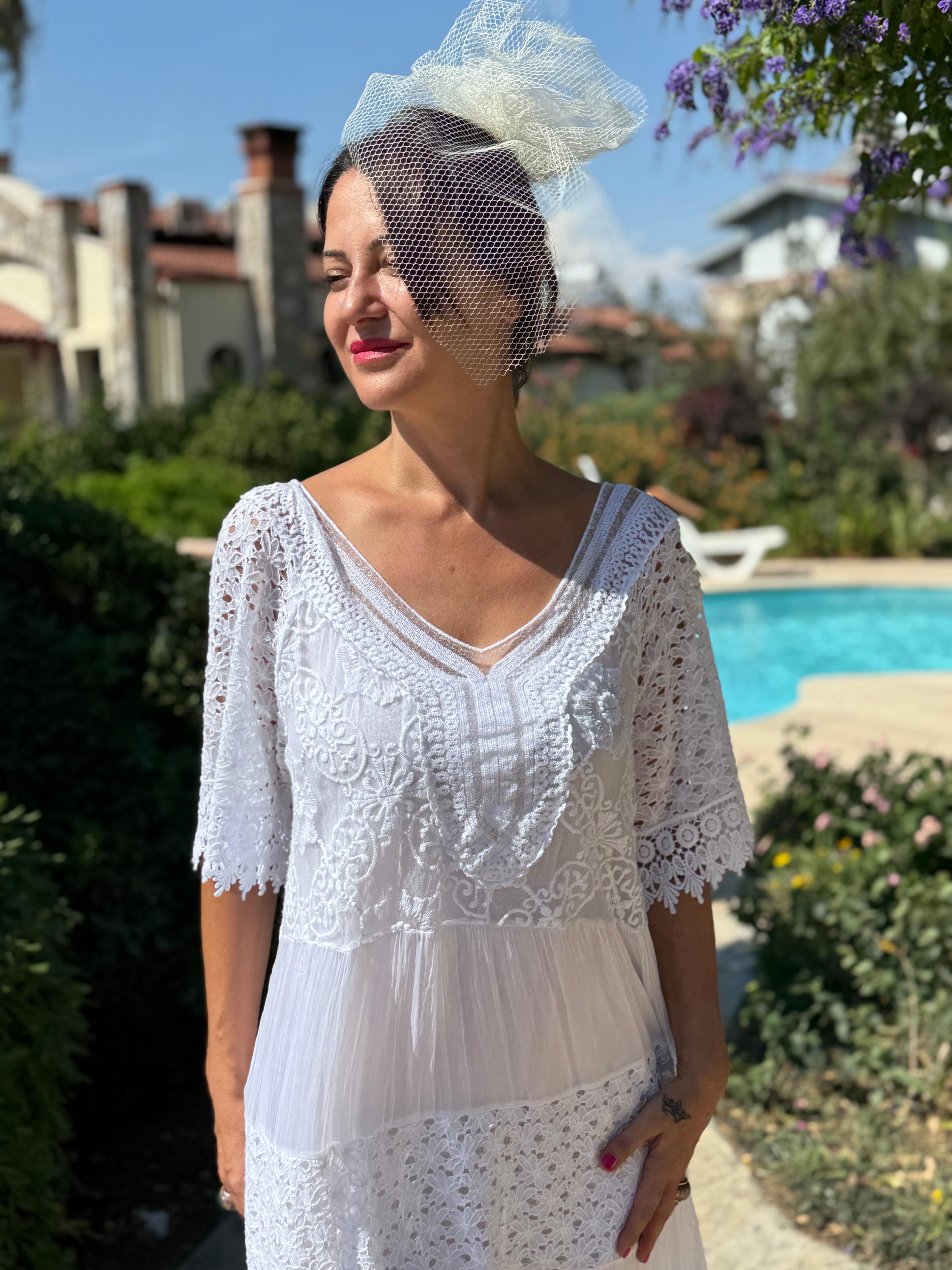 NC10938 İtalyan Pul Payetli Yarım Kol Midi İpek Elbise Beyaz