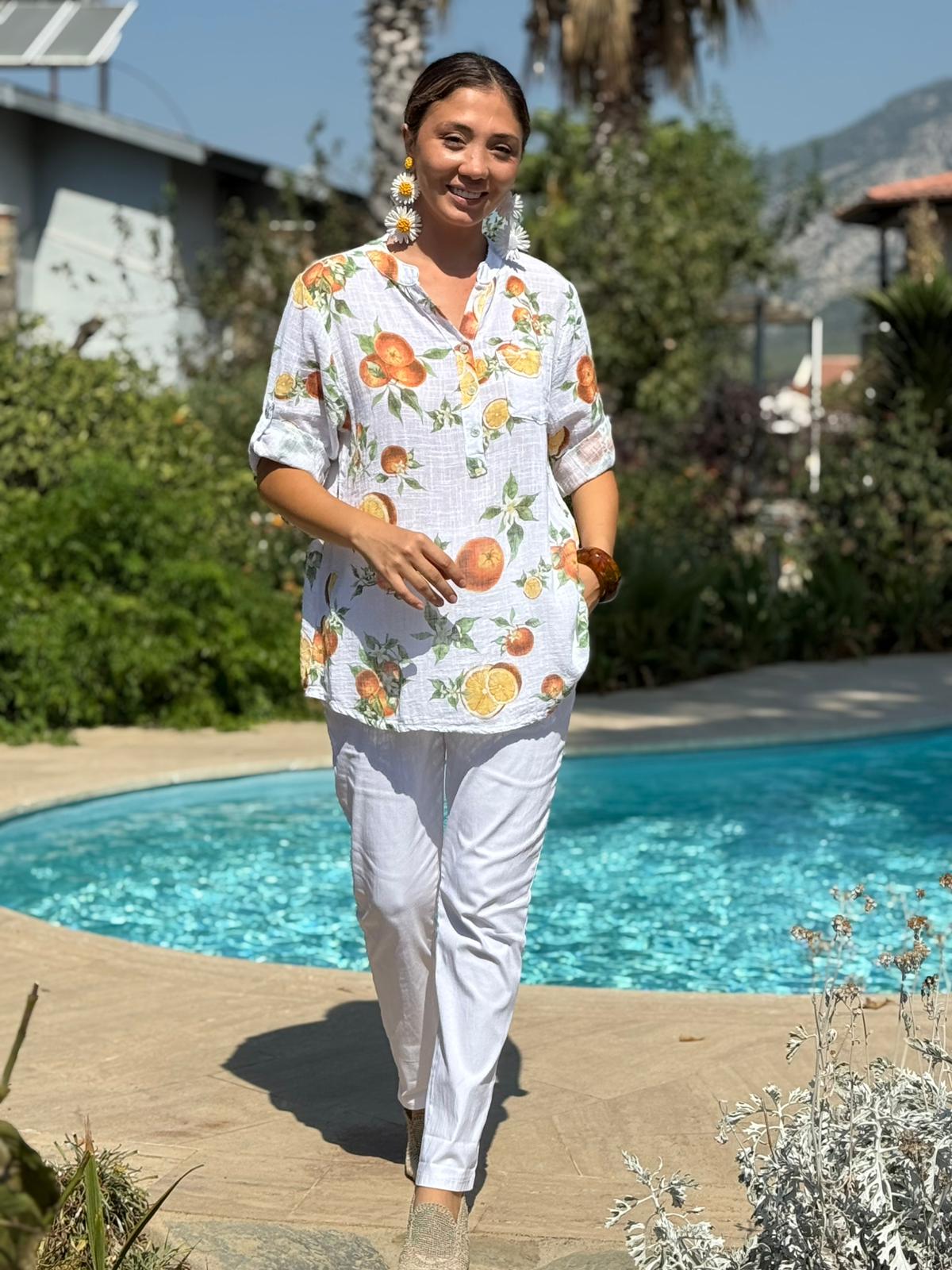 NC154553 İtalyan Pamuk Keten Bluz Beyaz