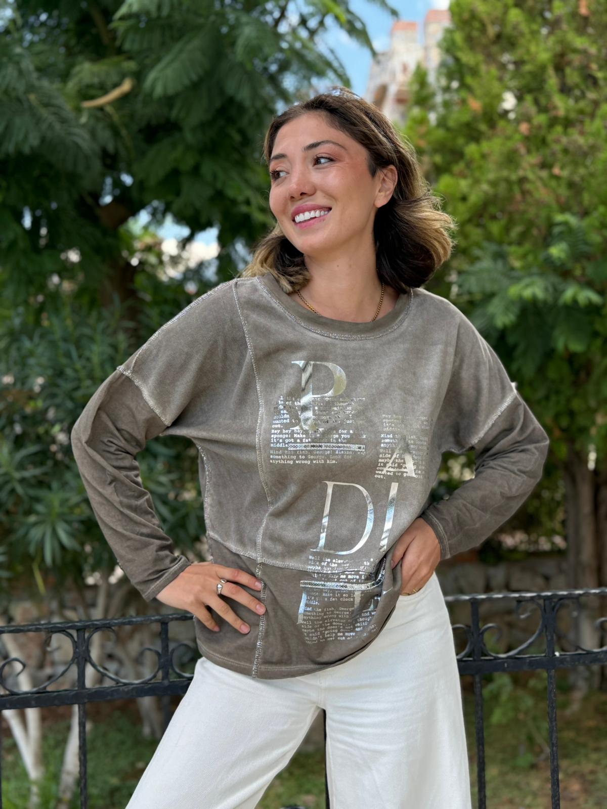 NC8533 İtalyan PADİ Yazılı Coton Sweatshirt Vizon