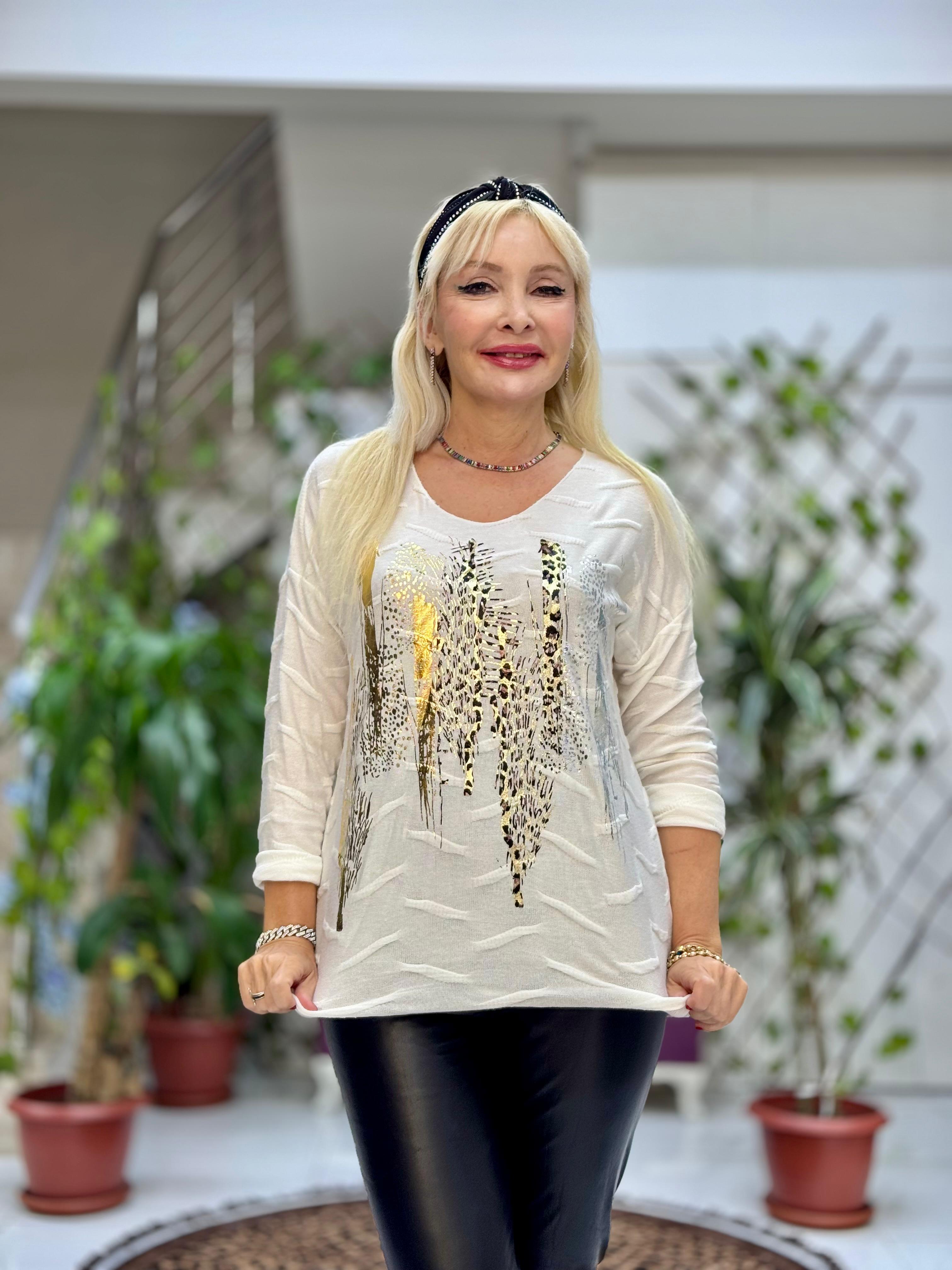 YG11716 Leopar Baskılı Kendinden Desenli İtalyan Triko Bluz Beyaz