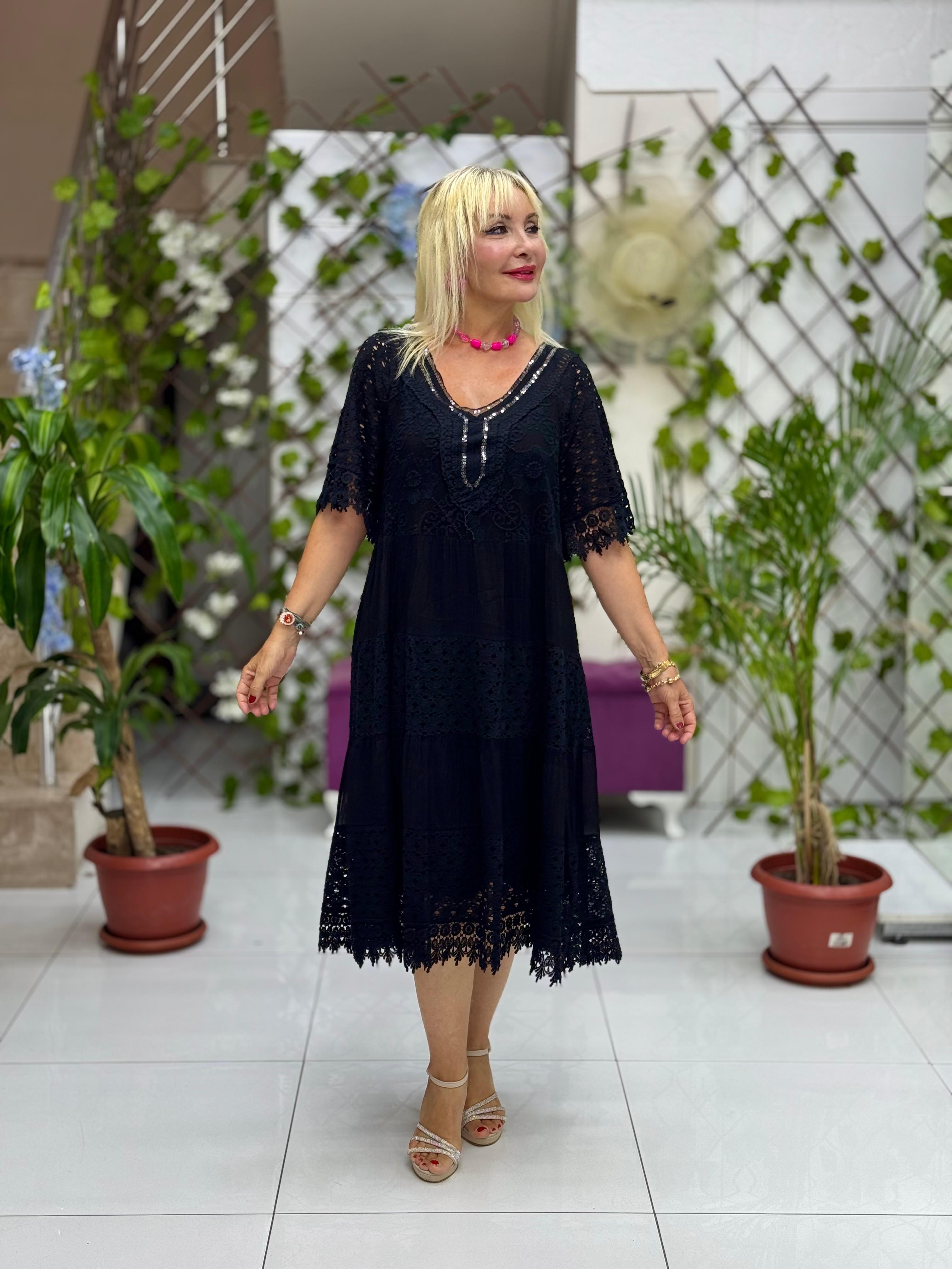 NC10938 İtalyan Pul Payetli Yarım Kol Midi İpek Elbise Siyah