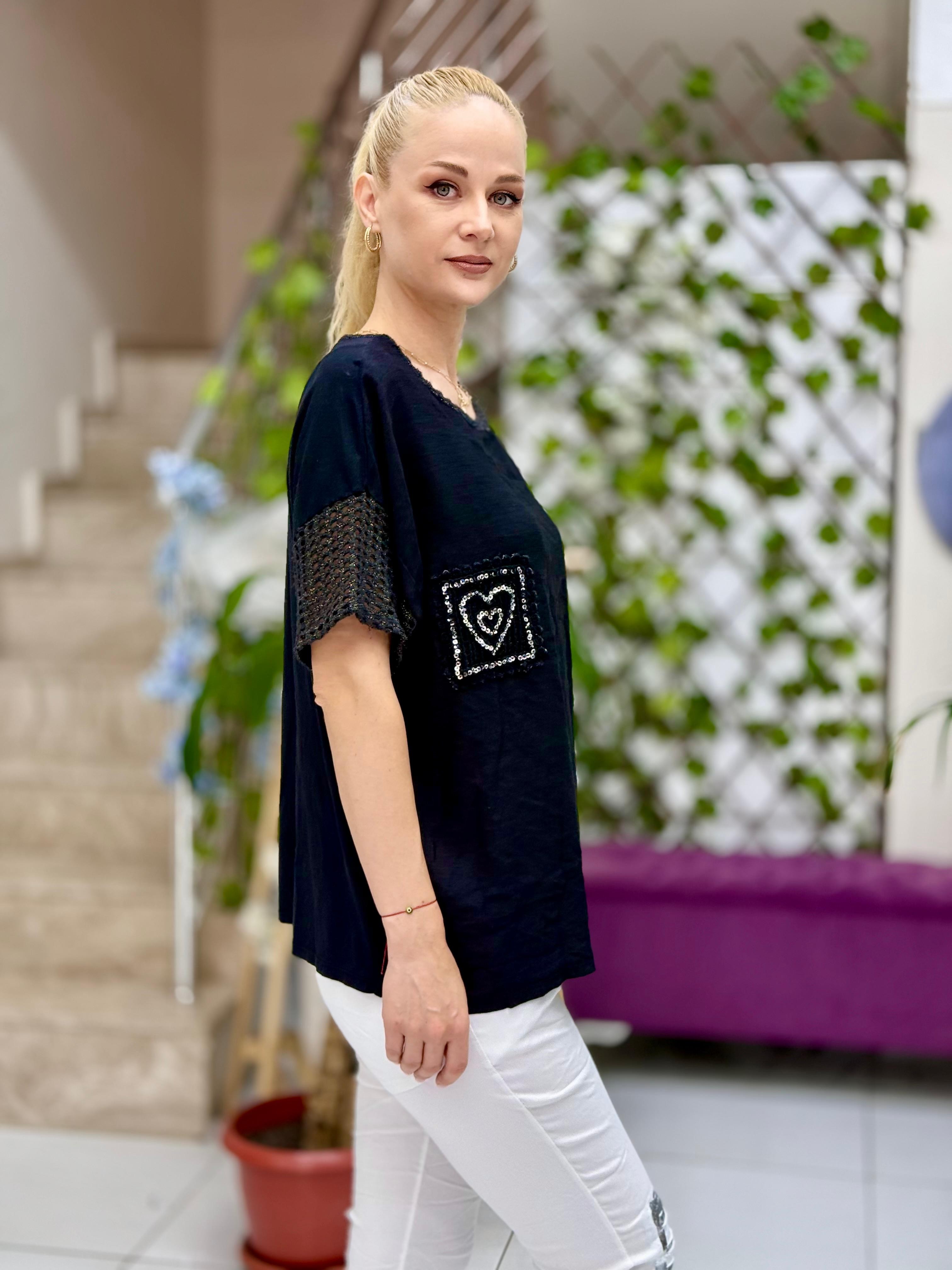 NC61281 İtalyan Fileli Güpürlü Keten Bluz Siyah