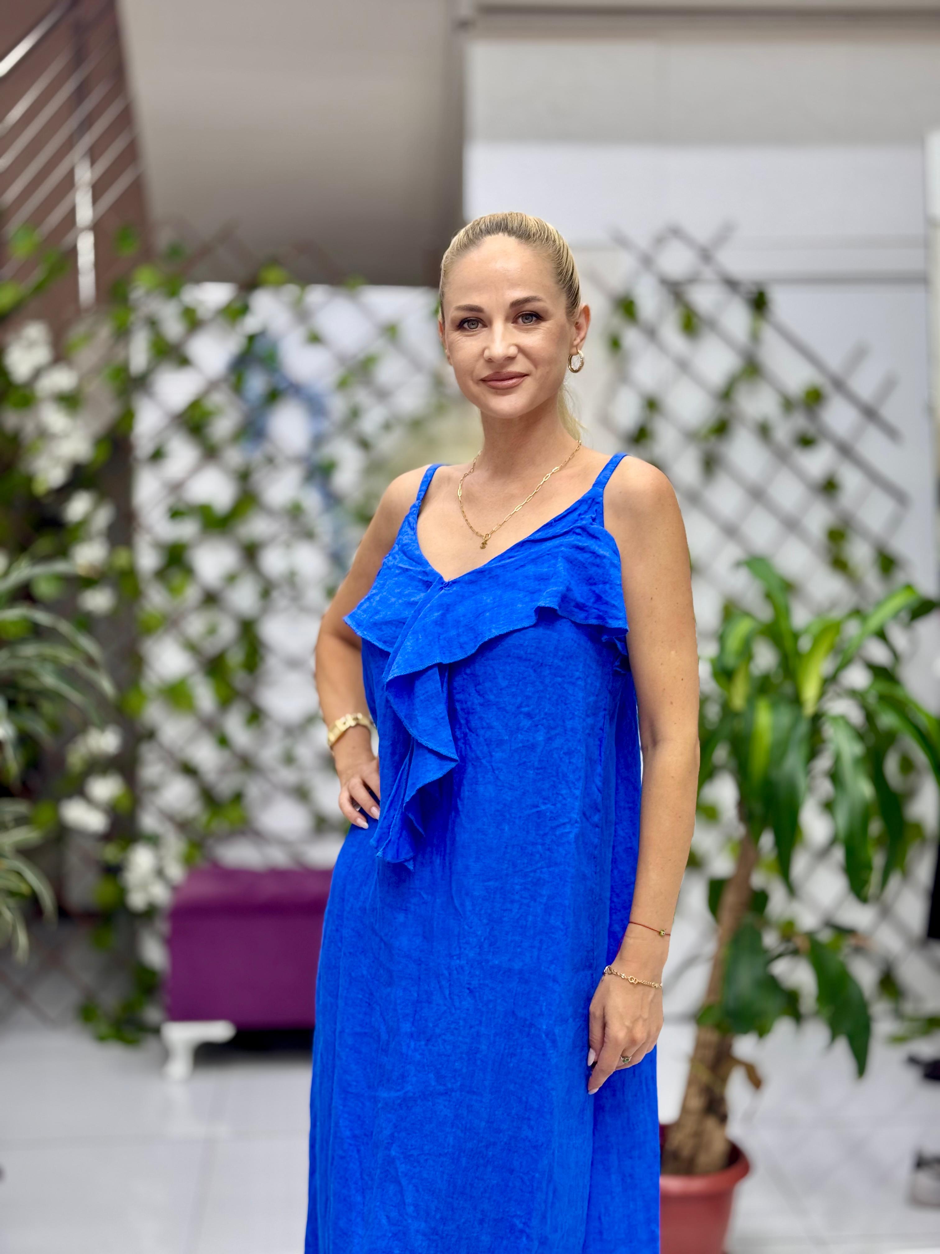 NC2132 İp Askılı Keten Önü Fırfırlı İtalyan Elbise Saks