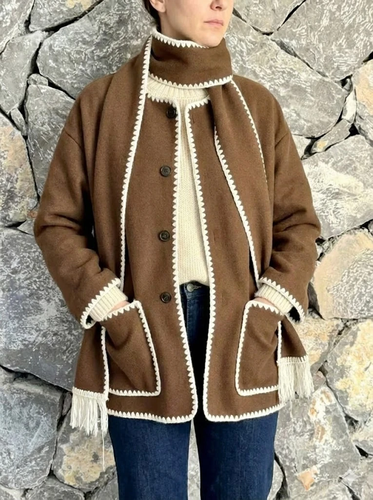 NC27786 Oya İşlemeli Atkılı İnce Kaşe Hırka Kahve