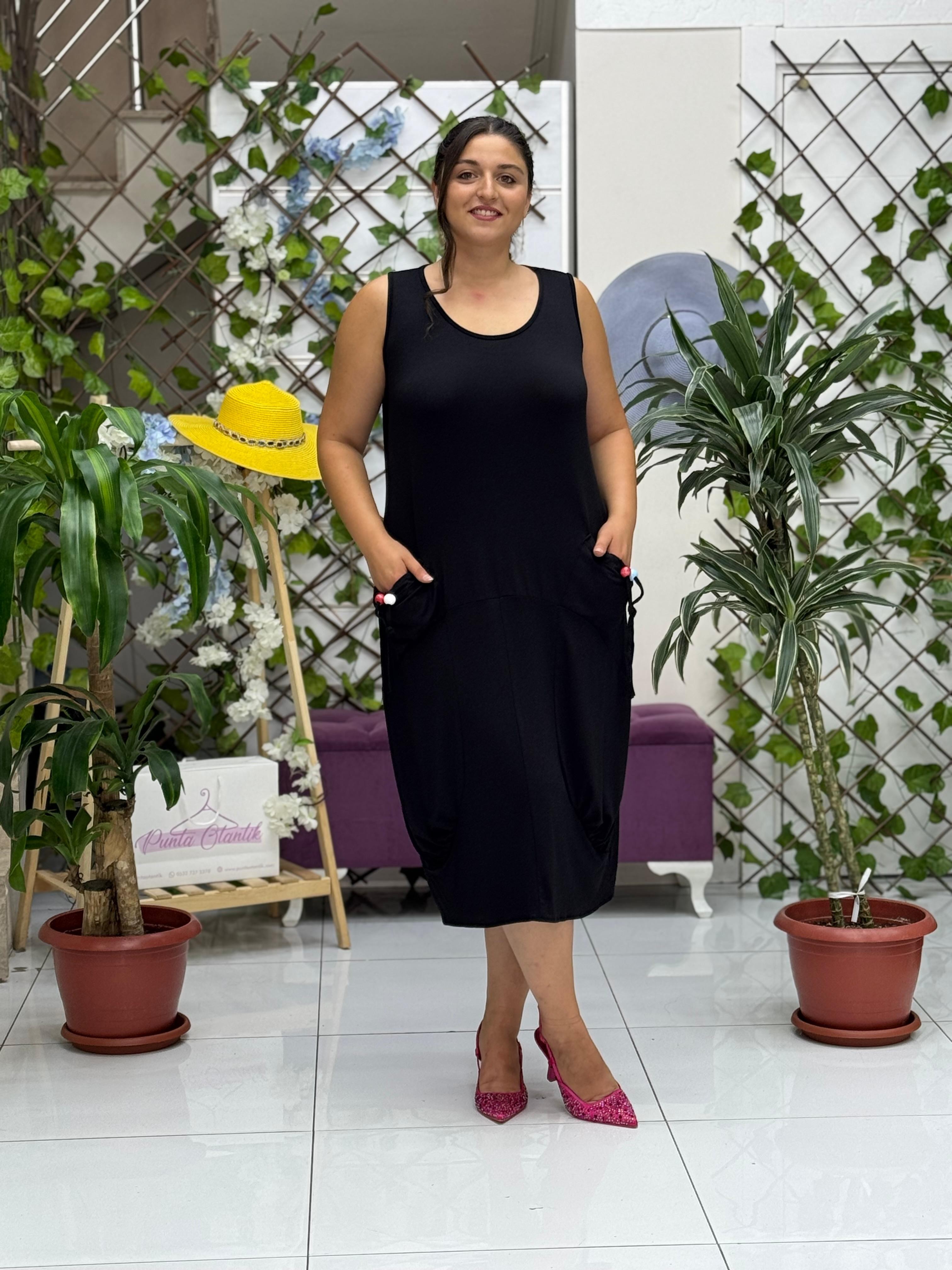 TS1002 Cebi Boncuklu Kolsuz Turlu Viskon Elbise Siyah