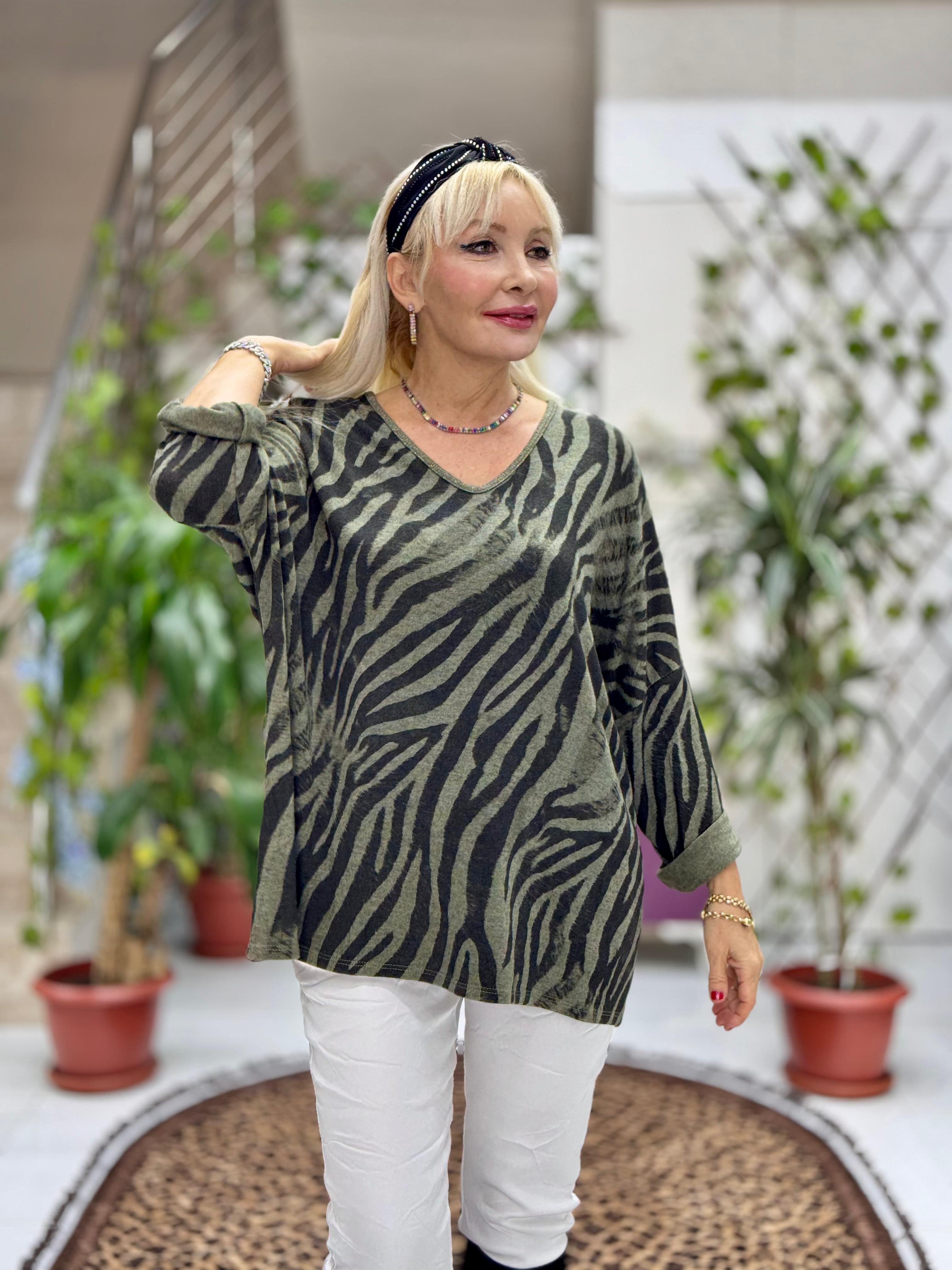 YG13003 Zebra Desen V Yaka Simli İtalyan Triko Bluz Haki