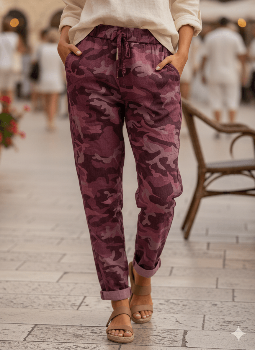 LS7312 Kamuflaj Desenli Likralı İtalyan Coton Pantolon Vişne