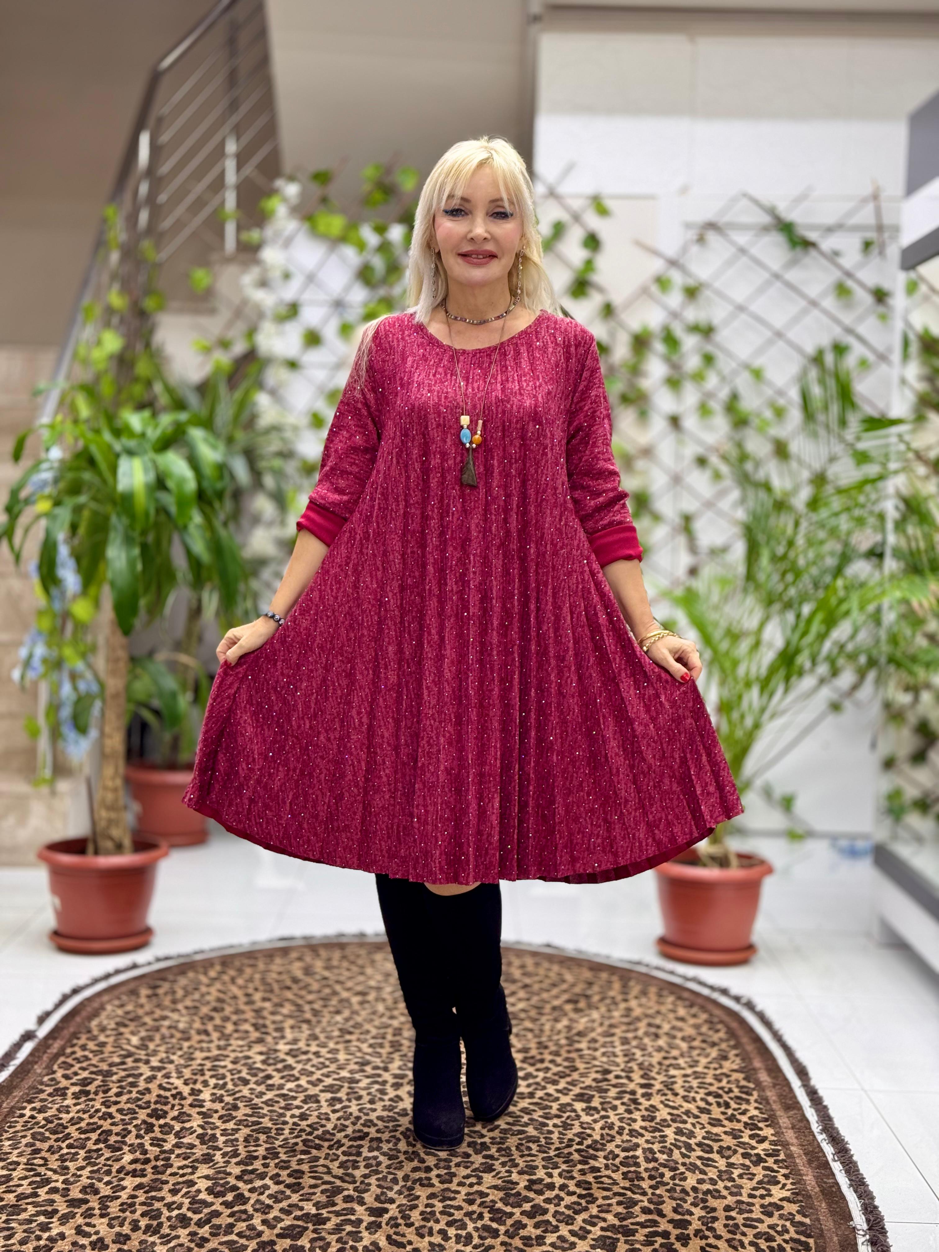 NC21419 Kolyeli Taşlı Pileli İtalyan Triko Elbise Bordo