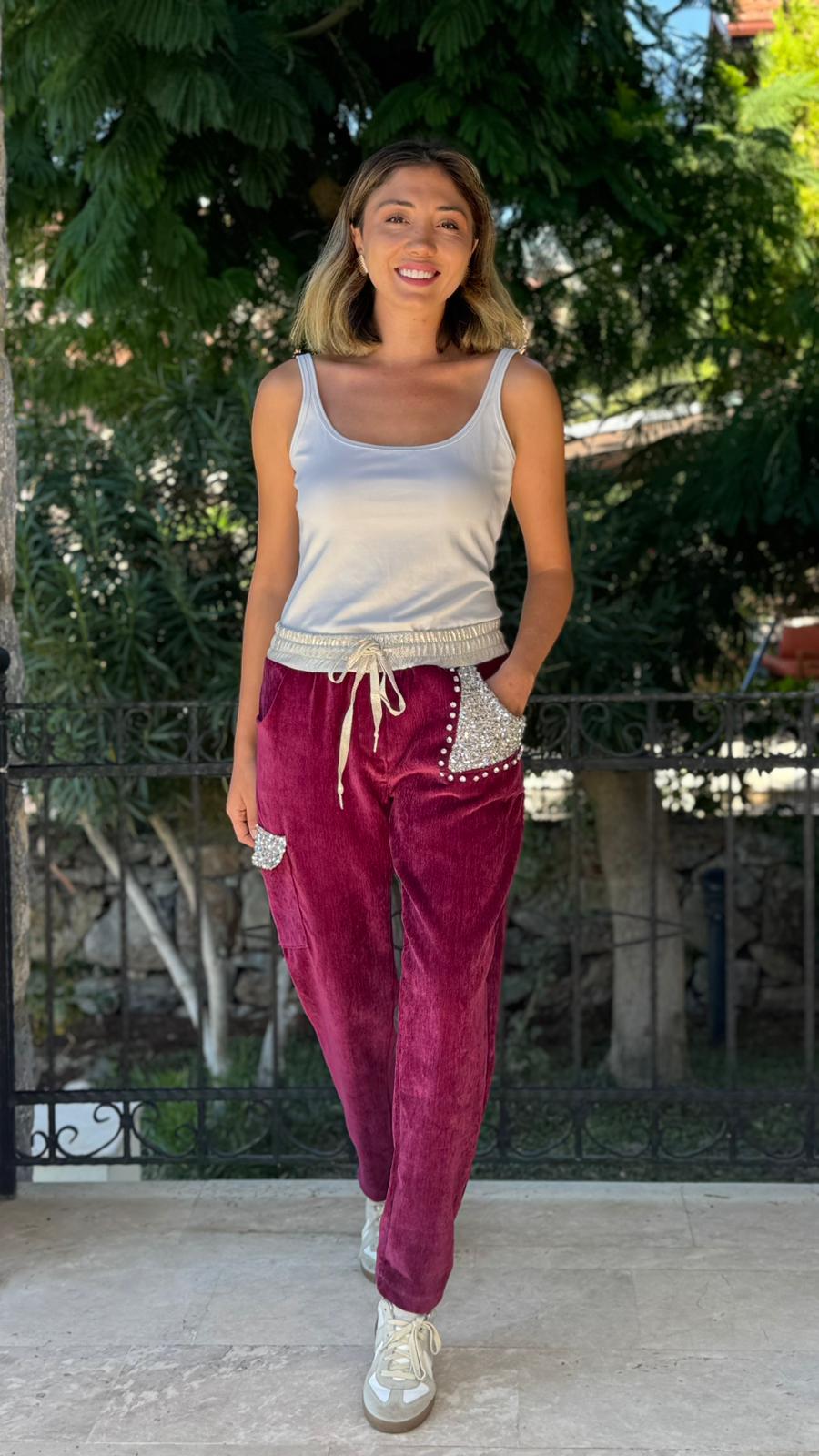 LS13220 İtalyan Cebi Taşlı Kadife Pantolon Vişne