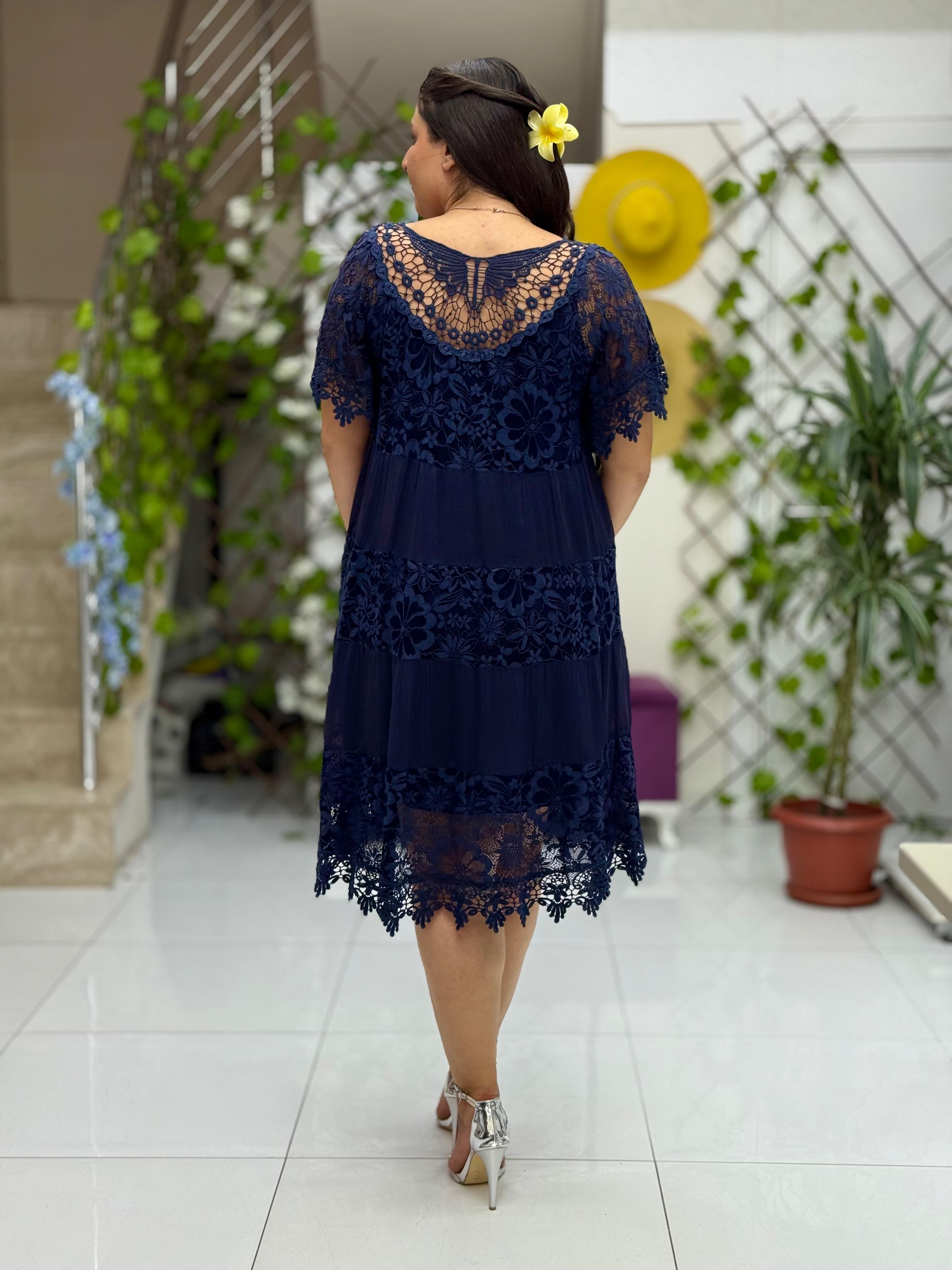 N10337 İtalyan İpek Elbise Lacivert