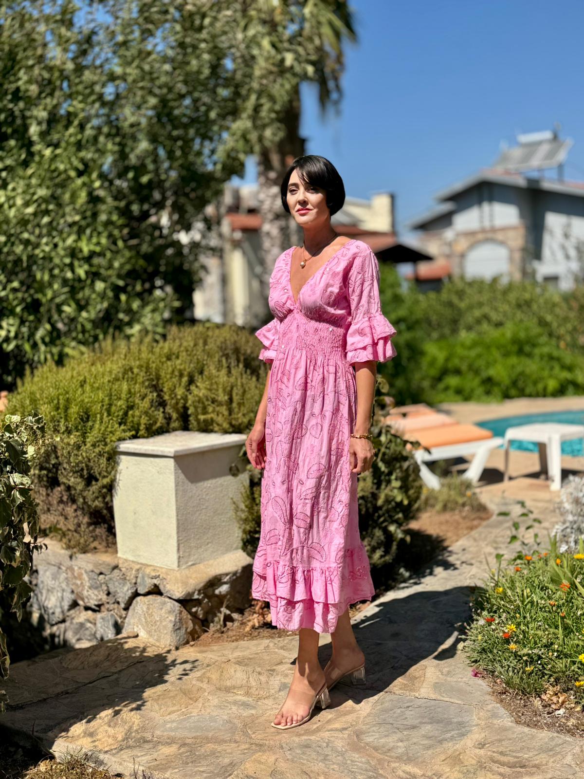 NC10995 İtalyan Pul Payetli Beli Lastikli Coton Elbise Pembe