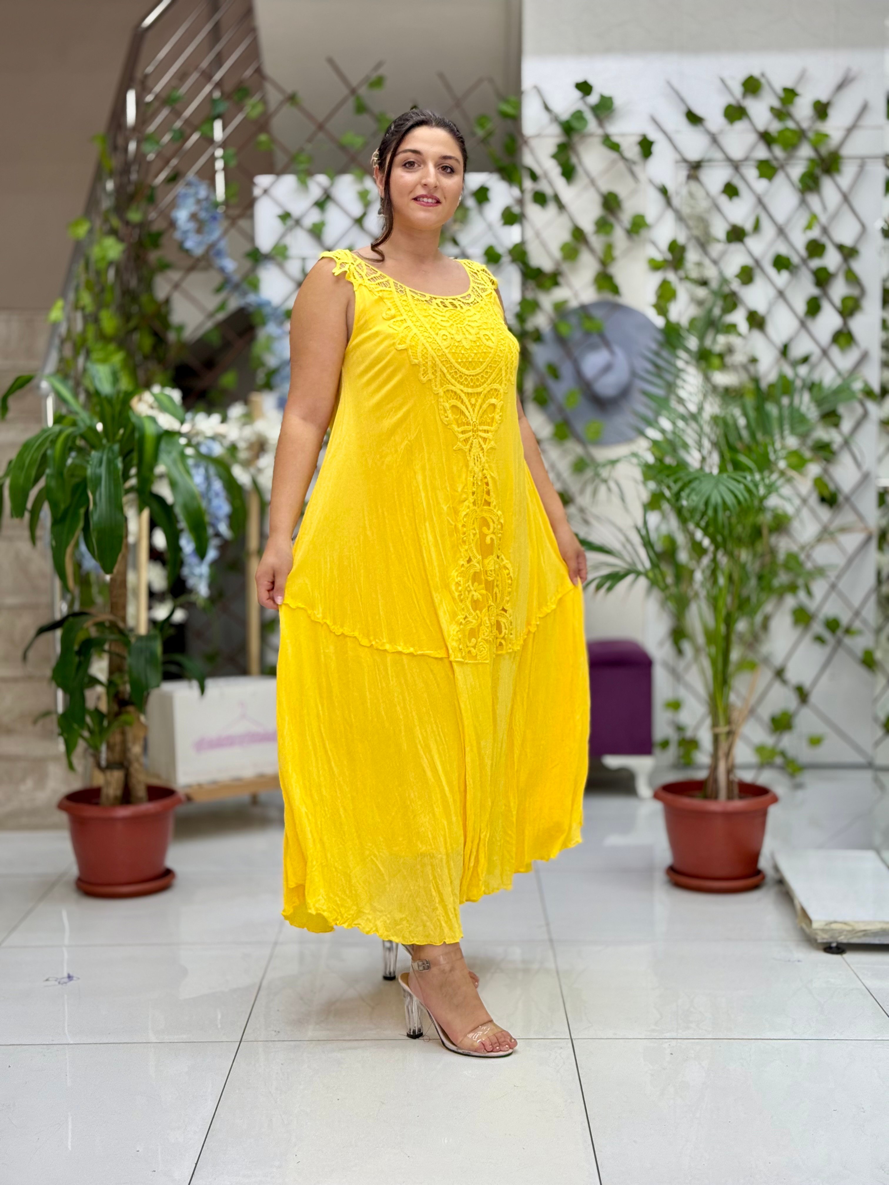 VL1046 Kolsuz Vual Elbise Sarı