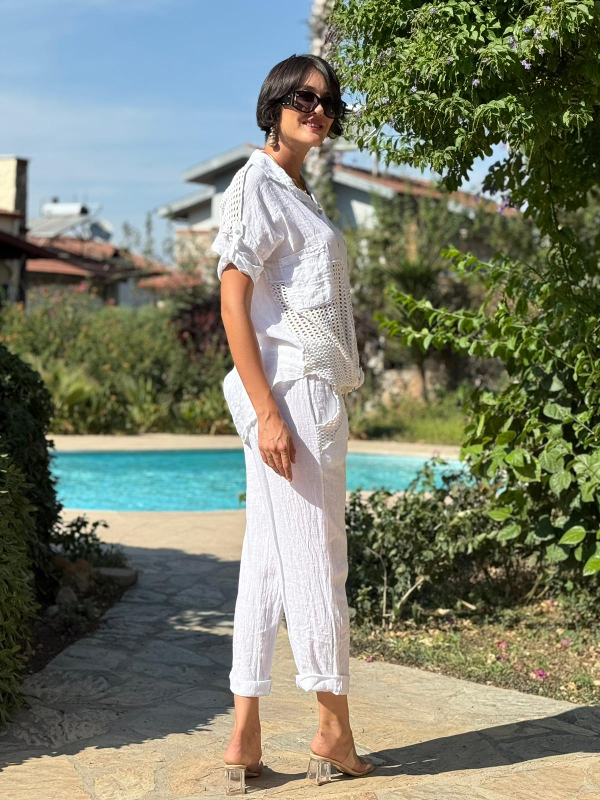 NC55557 İtalyan Ön Arka File Erkek Yaka Keten Takım Beyaz