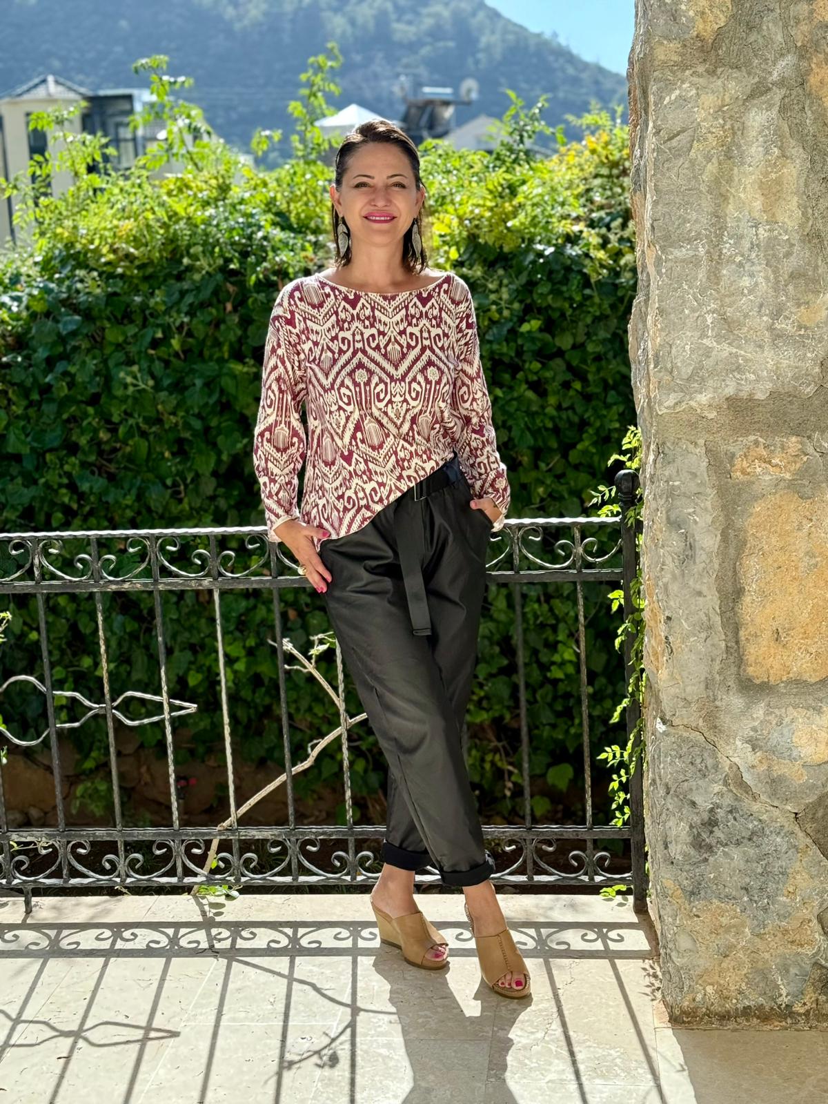 YG6263 Kayık Yaka Otantik Desen İtalyan Triko Bluz Vişne