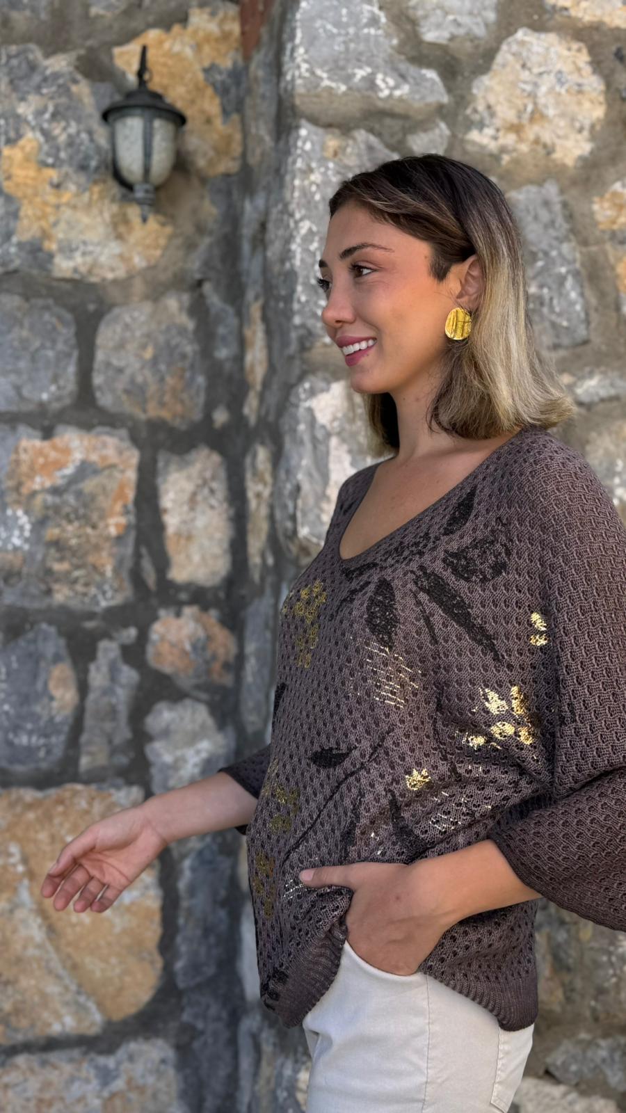 LS7514 İtalyan Yaprak Desen Triko Bluz Kahverengi