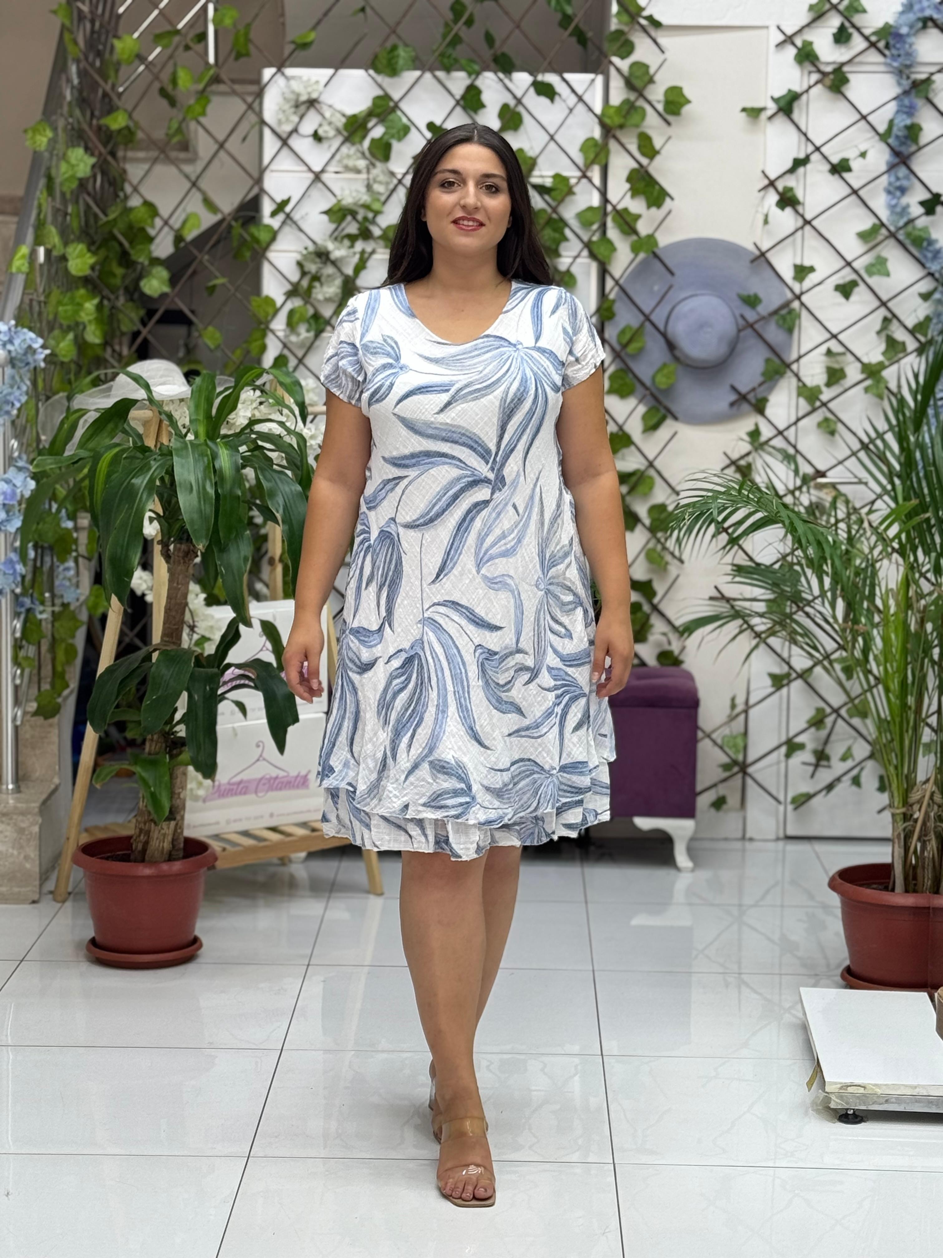 N5012-26 Vestido Italiano De Lino De Algodón Manga Corta Blanco