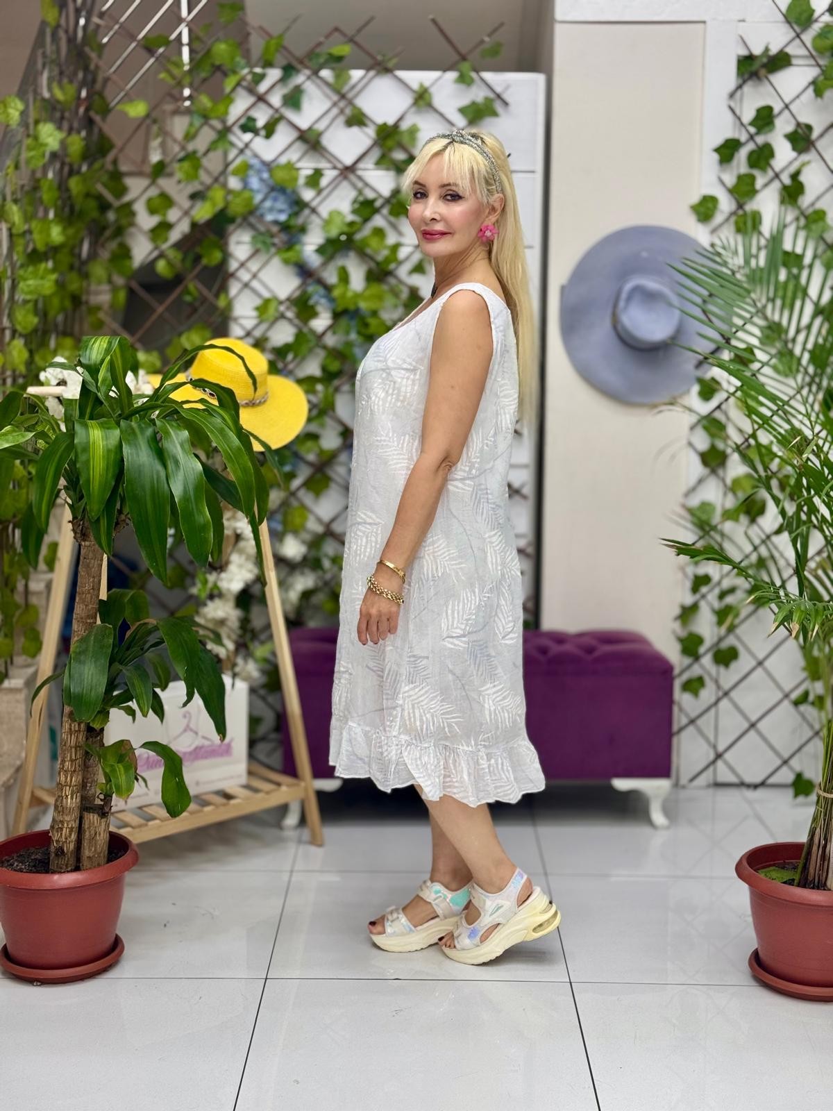 YG205070 İtalyan Yaprak Desen Coton Elbise Beyaz