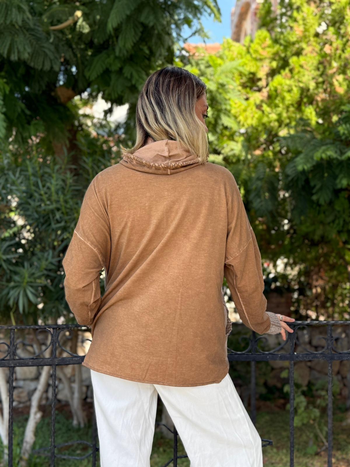 NC53050D İtalyan Yazı Baskılı Cepli Kapüşonlu Coton Sweatshirt Camel