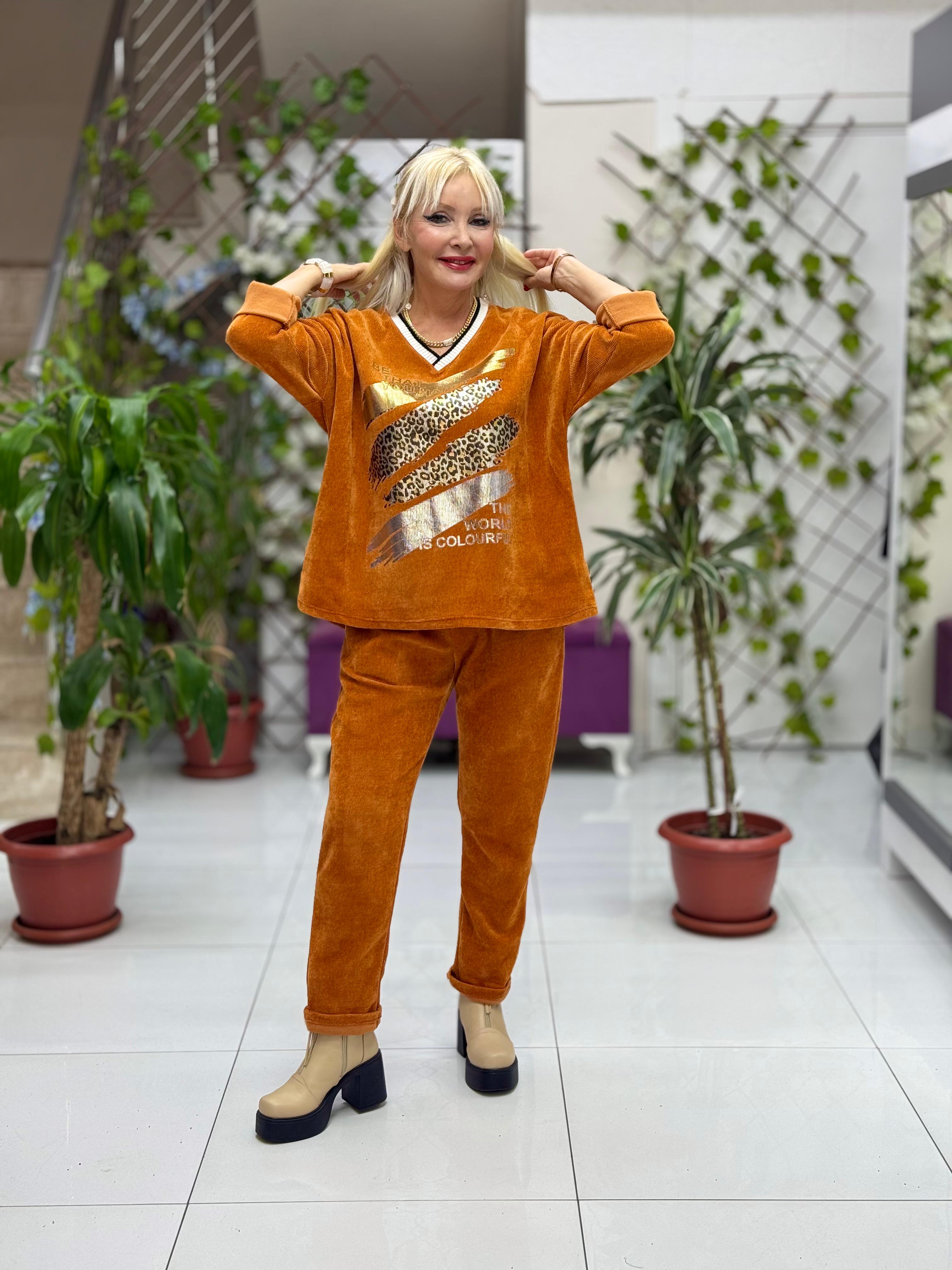 NC24155 Leopar Baskılı İtalyan Kadife Takım Oranj