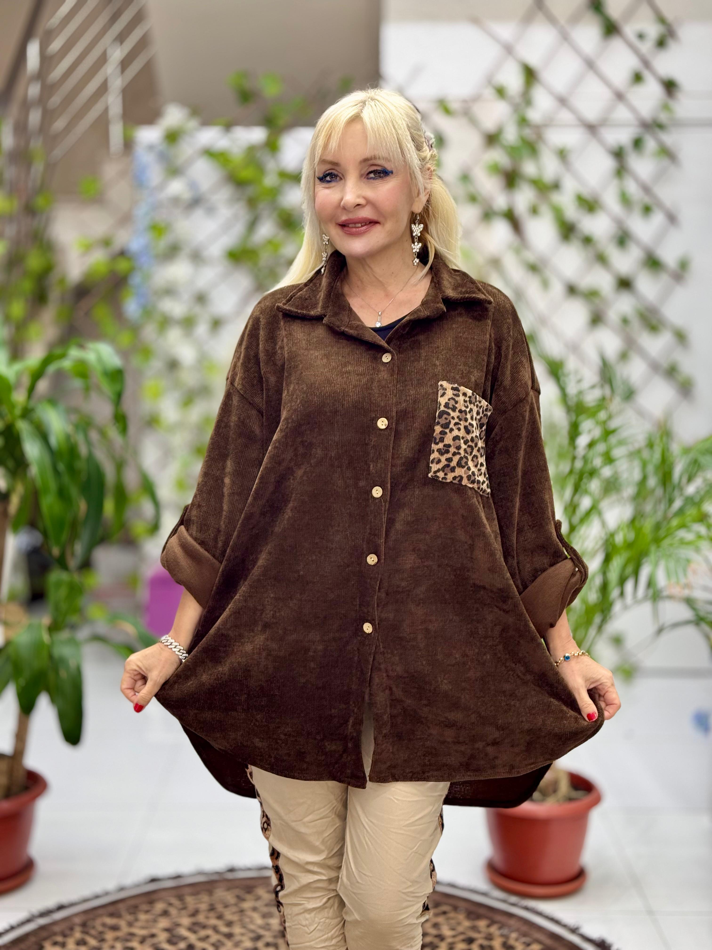 NC25198 Cep Leopar Detaylı Kadife Gömlek Kahve