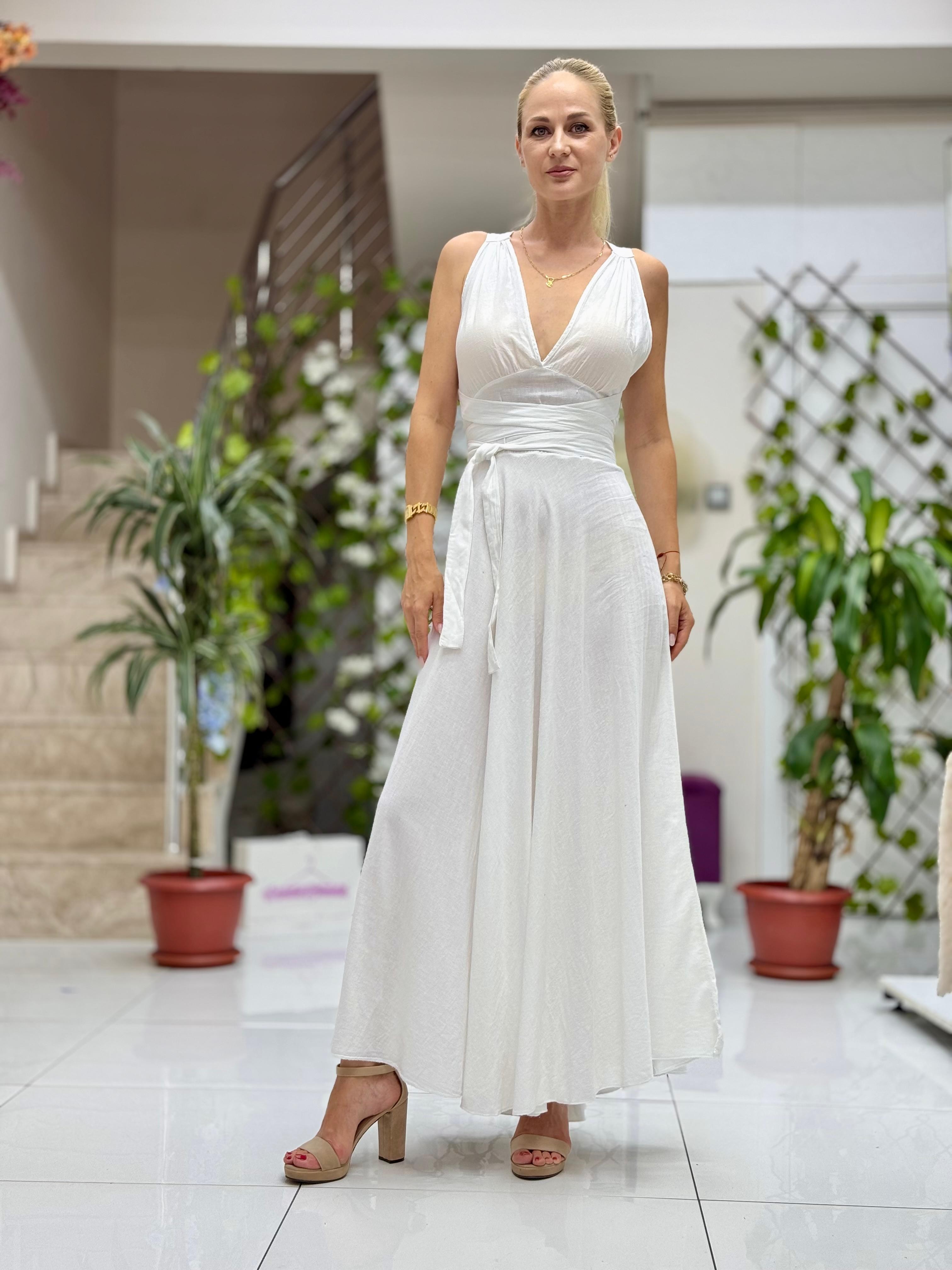 PT25071 Omuz Bağlamalı Belden Kuşaklı Sırtı Açık Coton Elbise Beyaz