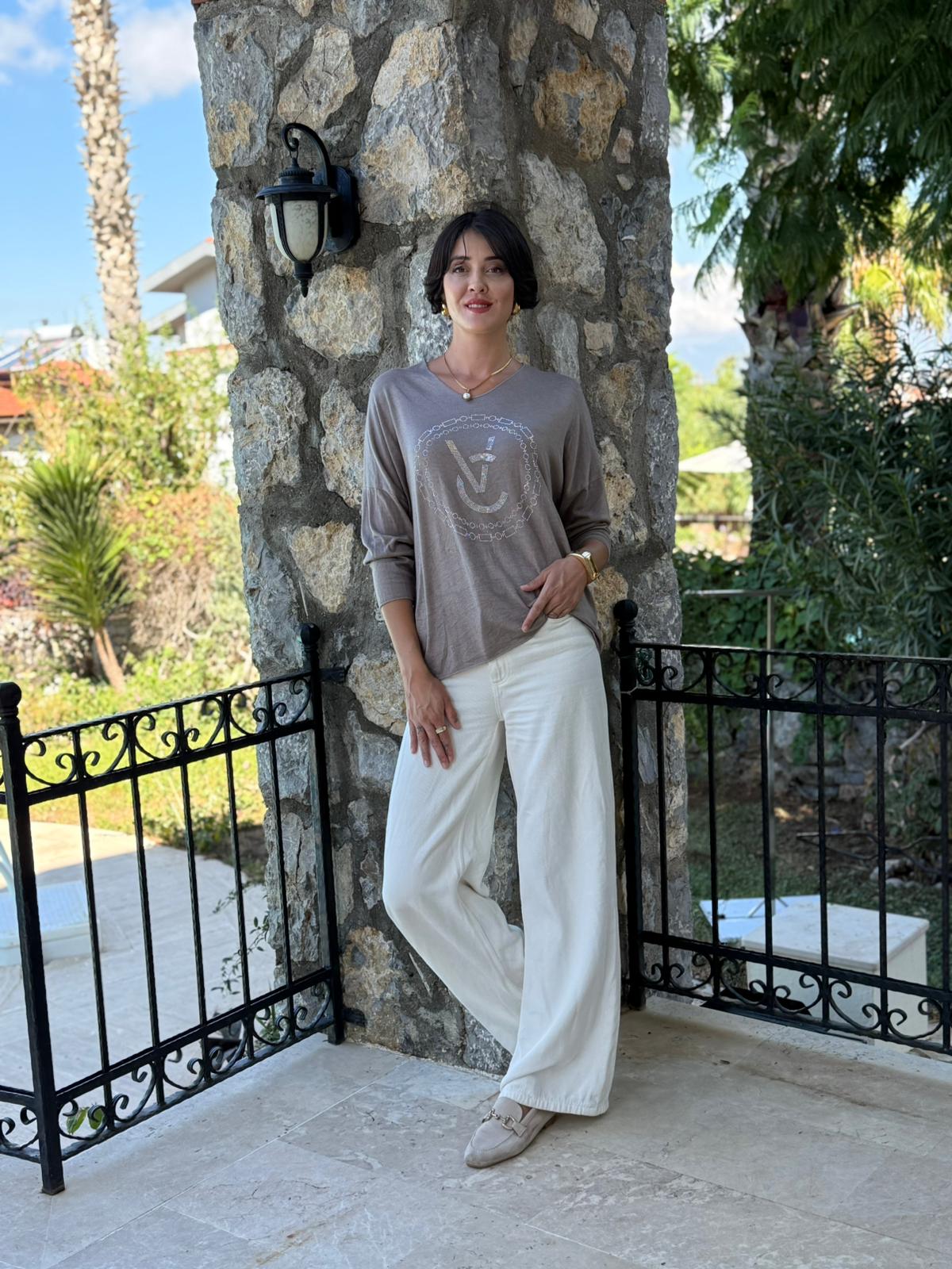FXLS82681 İtalyan Taş Baskılı Triko Bluz Vizon