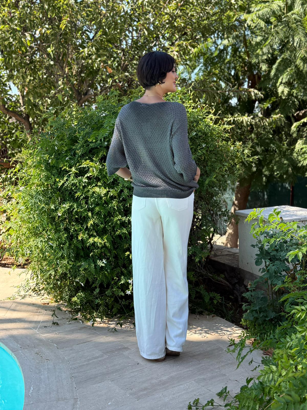LS7514 İtalyan Yaprak Desen Triko Bluz Haki