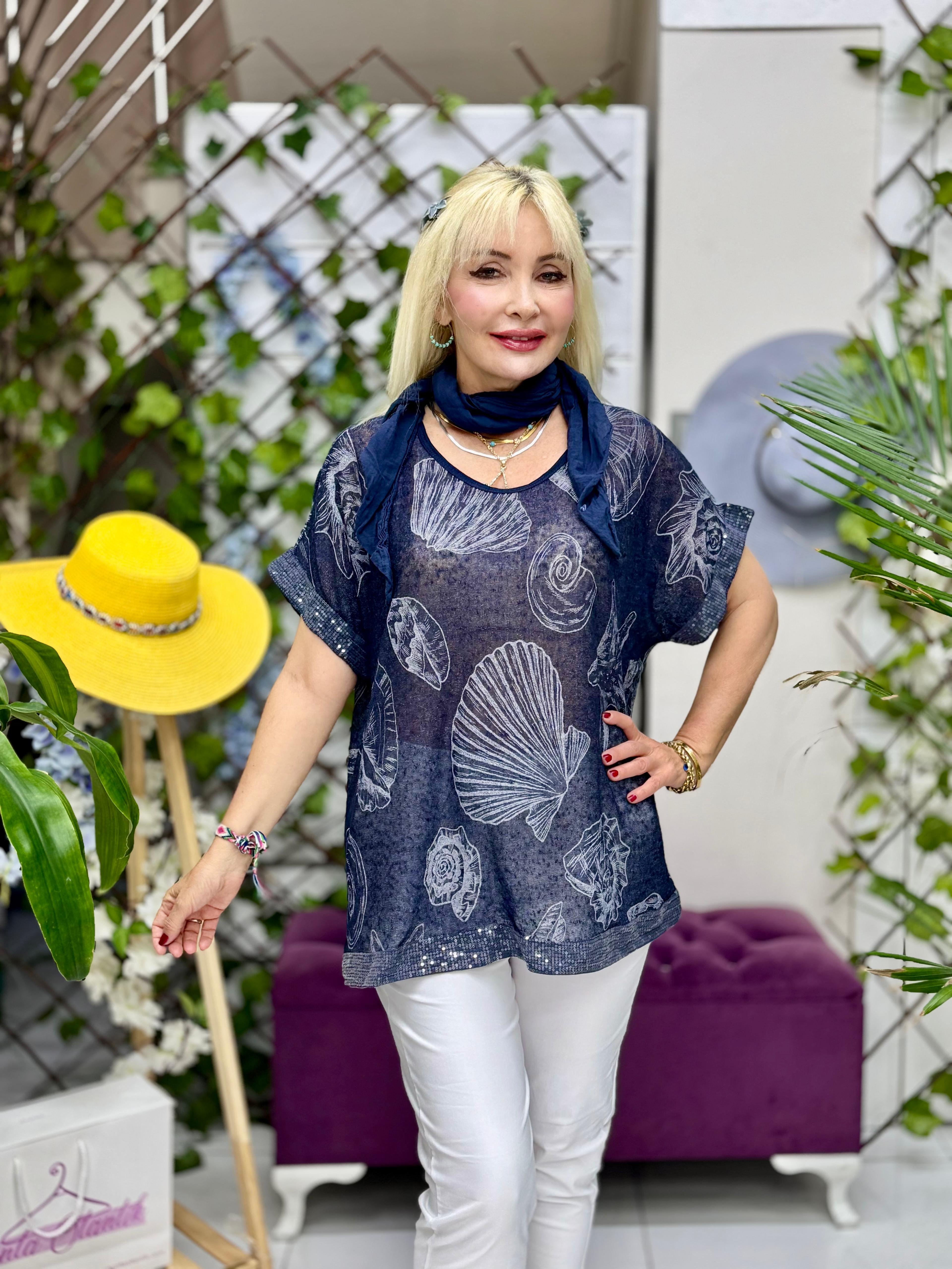 NC82560 İtalyan Fularlı Coton Bluz Lacivert