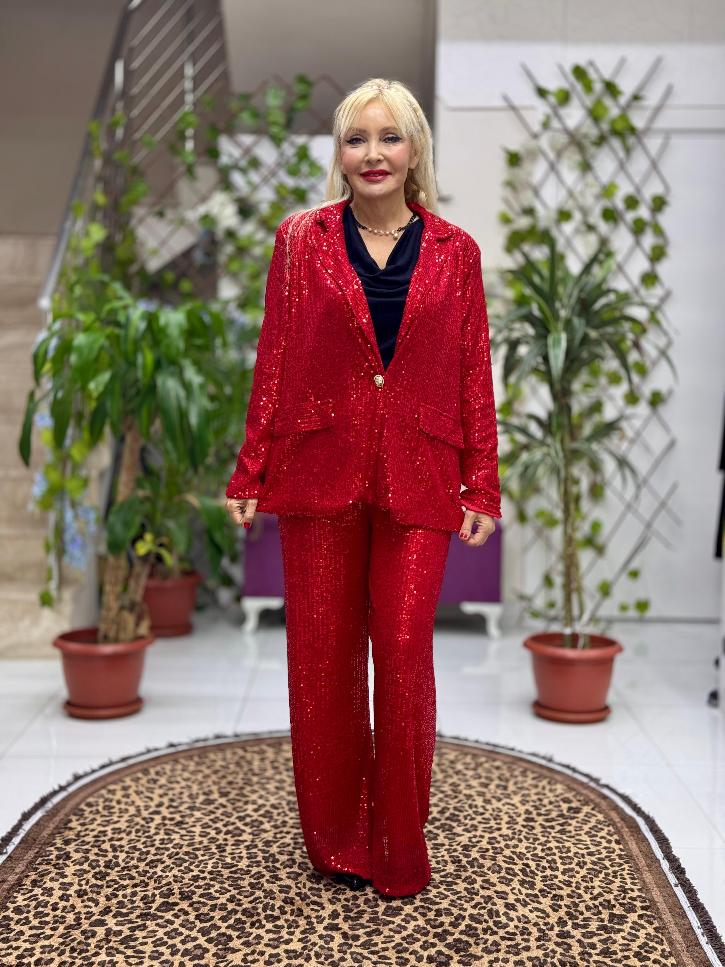 YG2013 İtalyan Pul Payetli Tek Düğme Takım Kırmızı