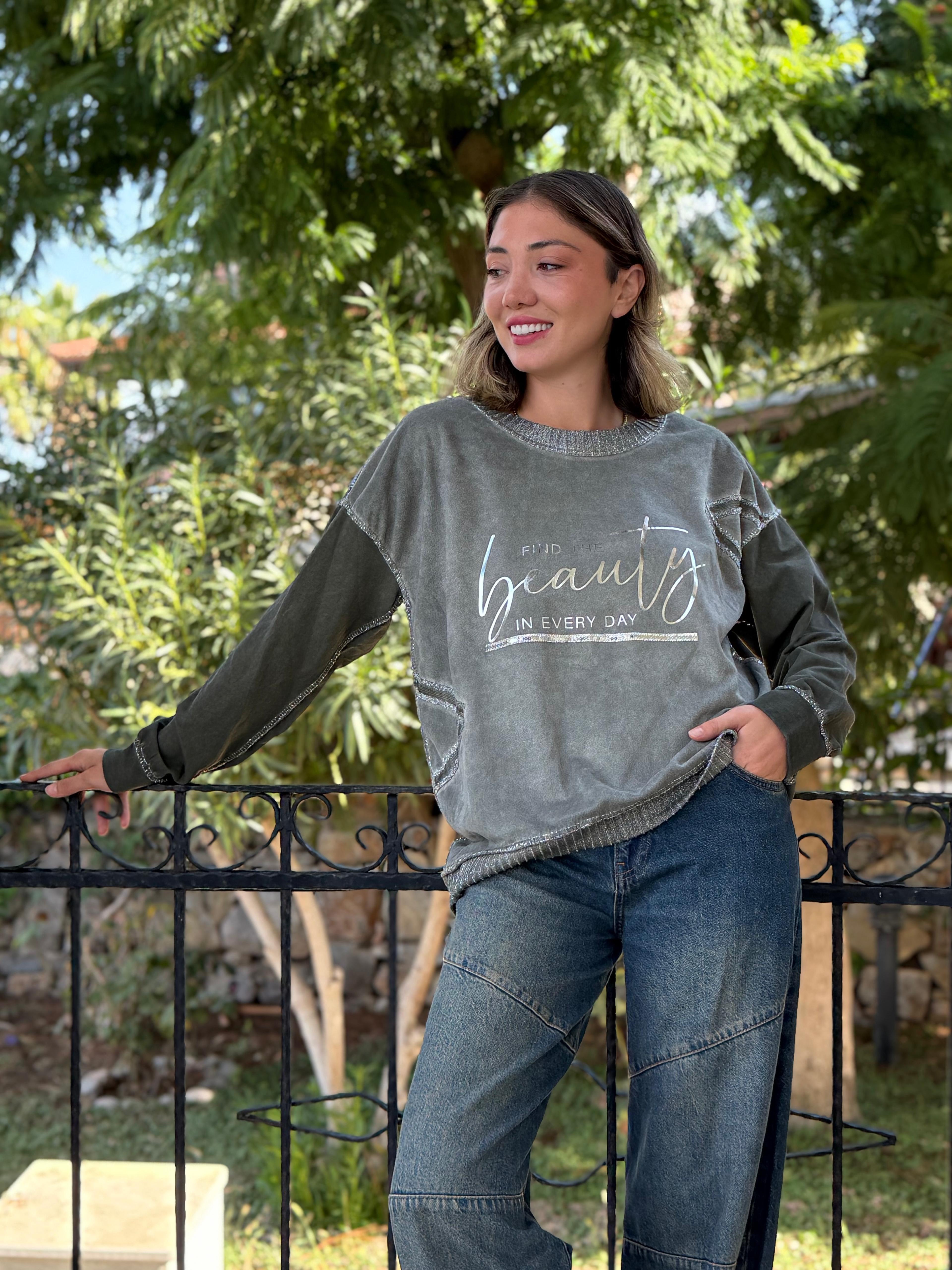 NC50793 İtalyan Beauty Yazılı Coton Sweatshirt Haki