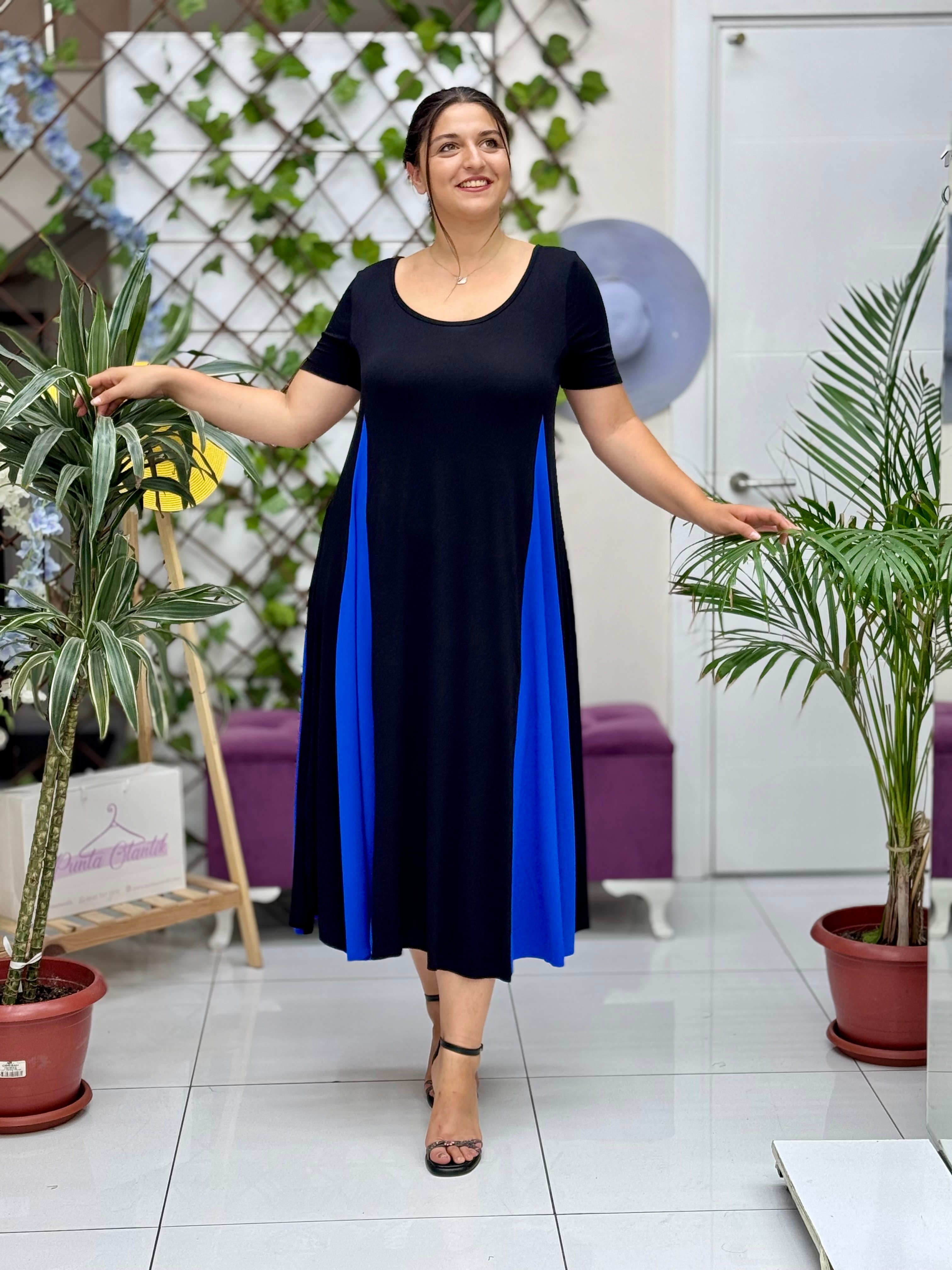 MS3122 Yarım Kol Turlu Viskon Elbise Siyah Saks