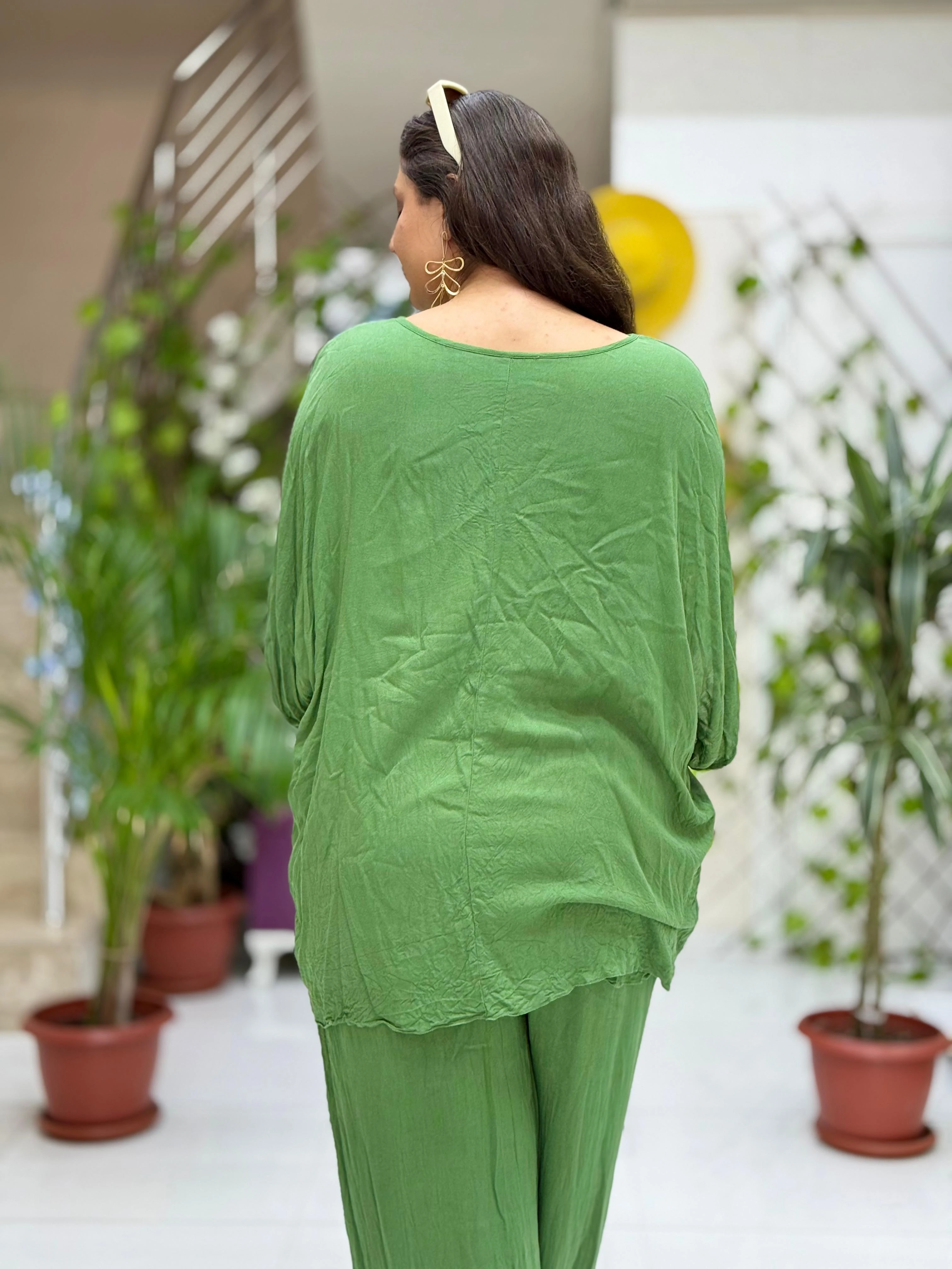 VL3009 Yarasa Kol Baskılı Vual Bluz Haki