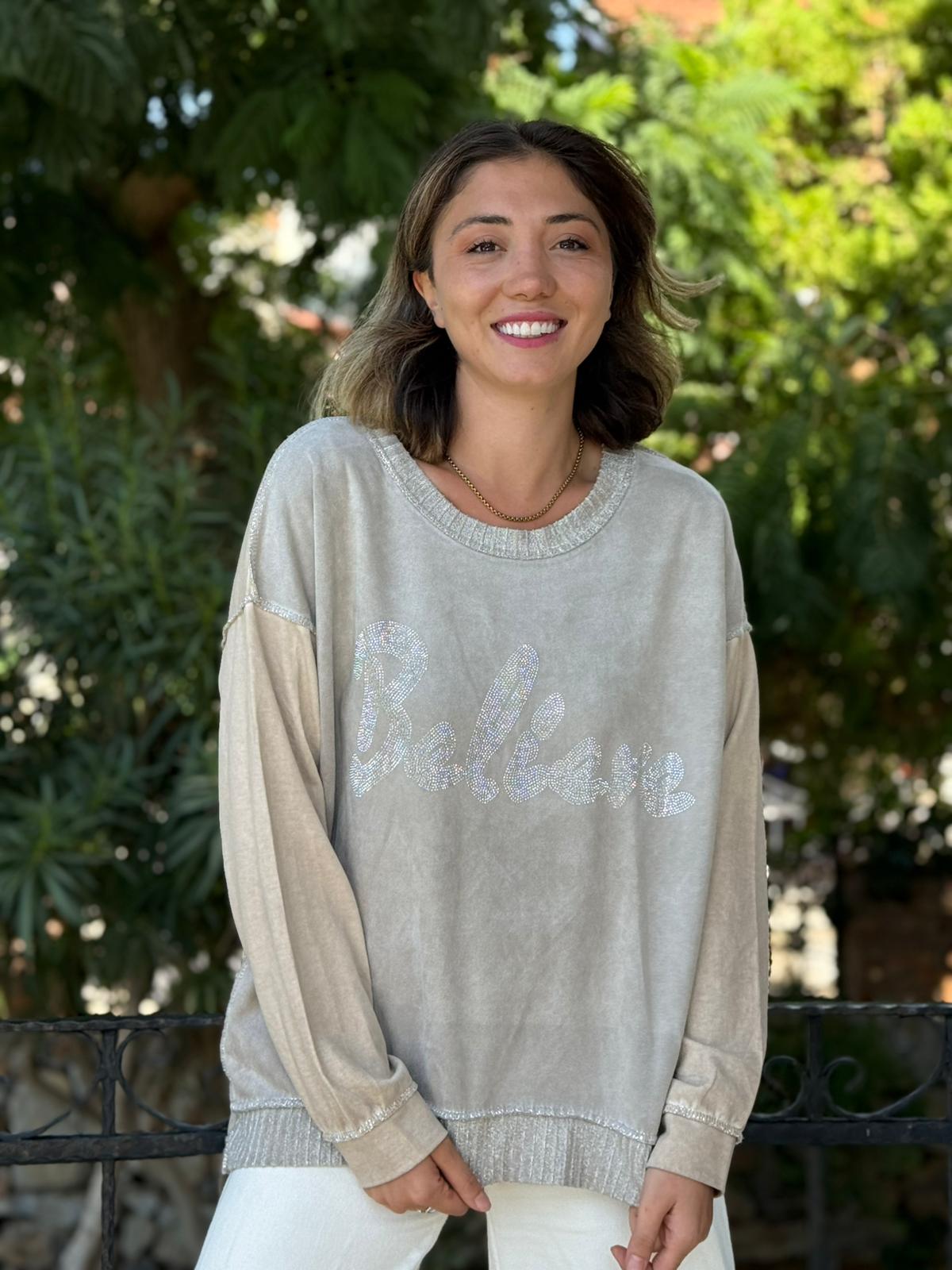 NC58939 İtalyan Believe Taşlı Sweatshirt Krem